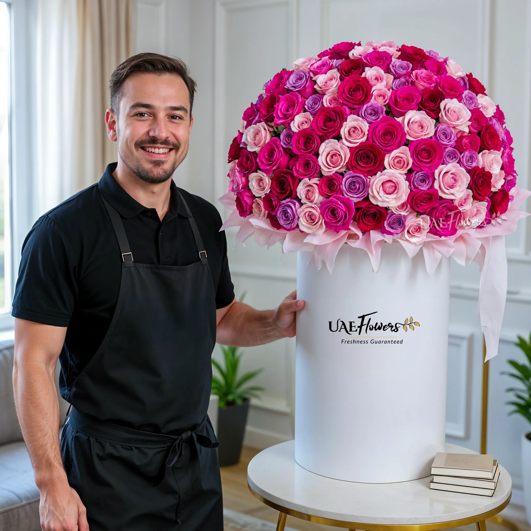 Full round arrangement of 300 Red, Pink & Purple Roses in a tall round box.