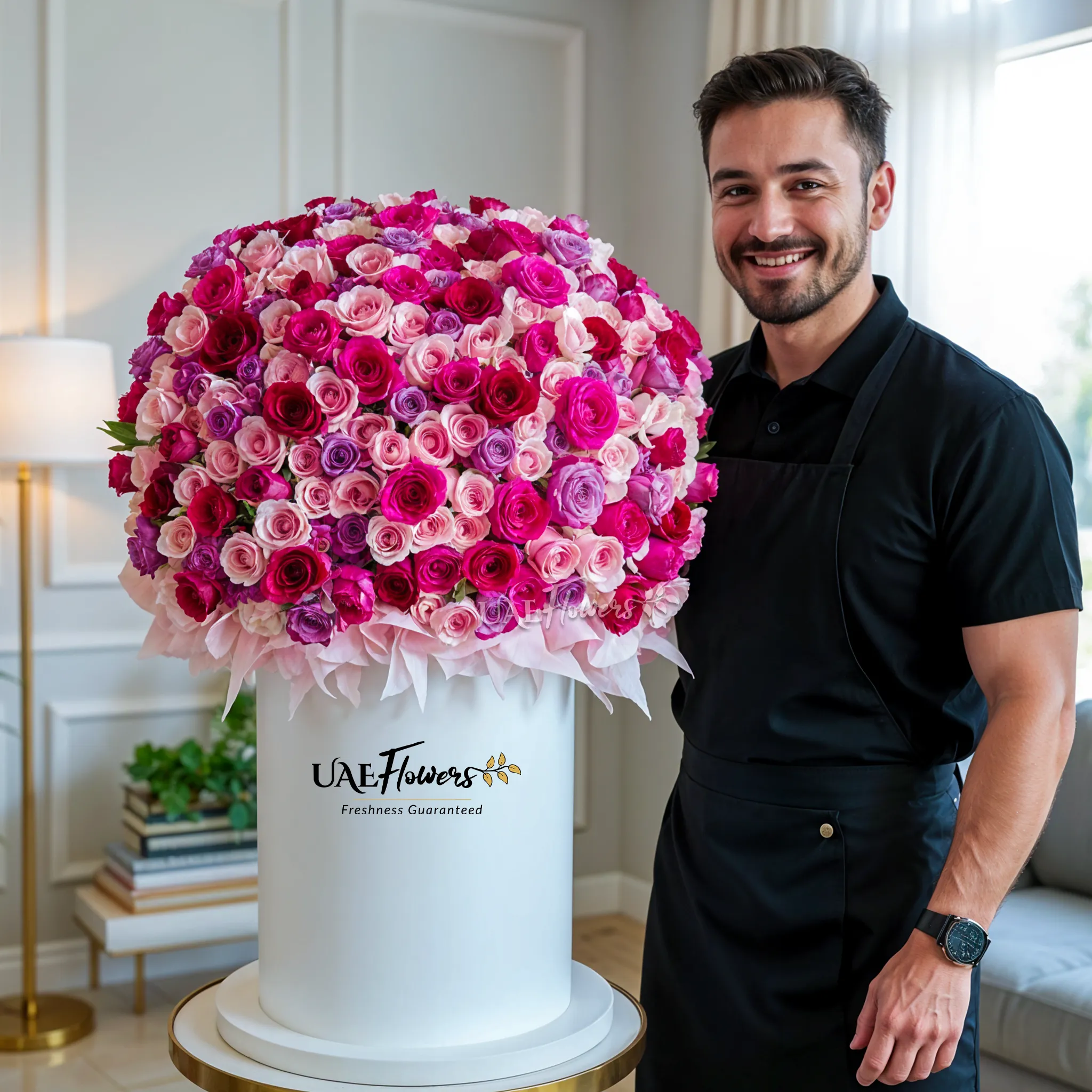 Full round arrangement of 300 Red, Pink & Purple Roses in a tall round box.