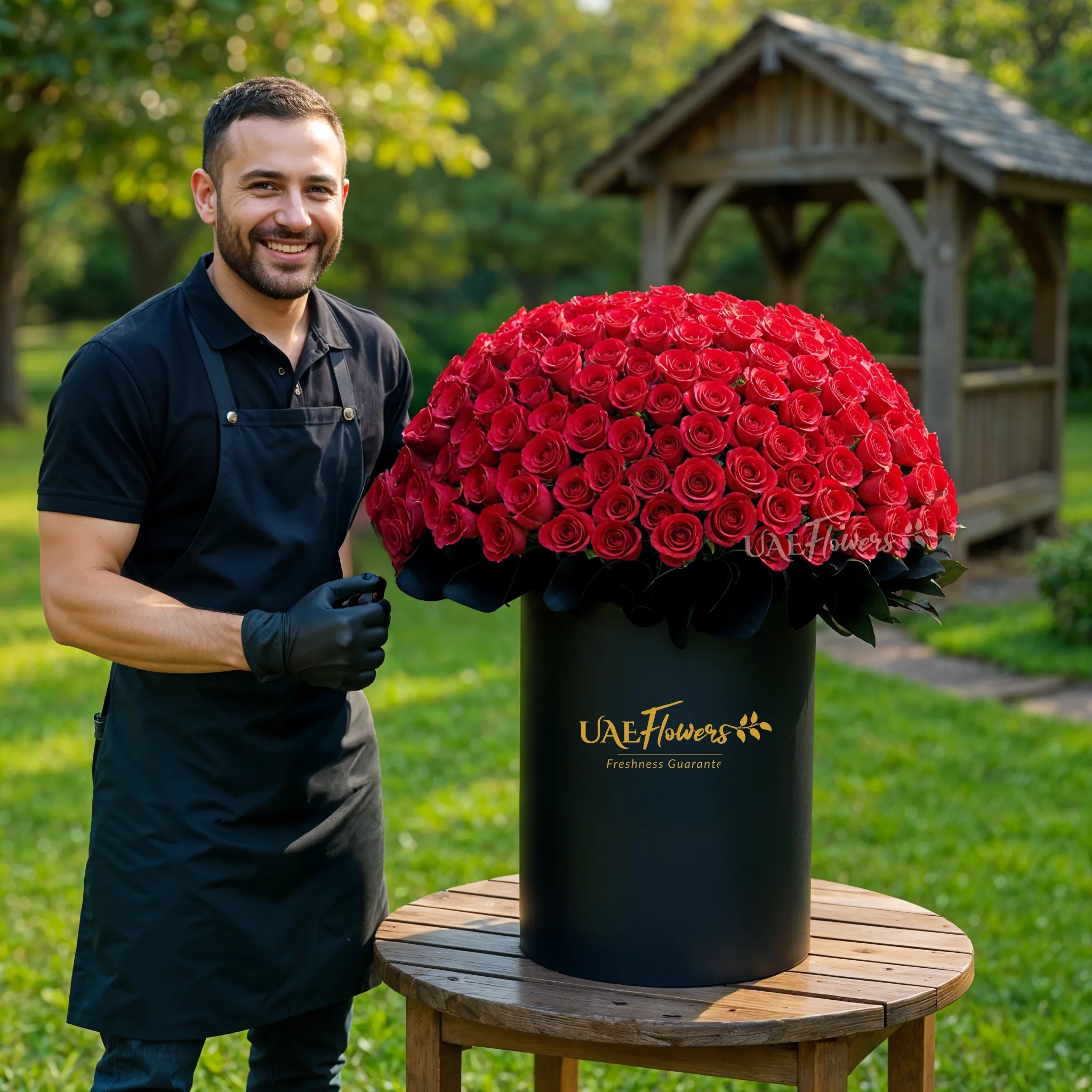 Full round arrangement of 300 red roses in a tall round box.