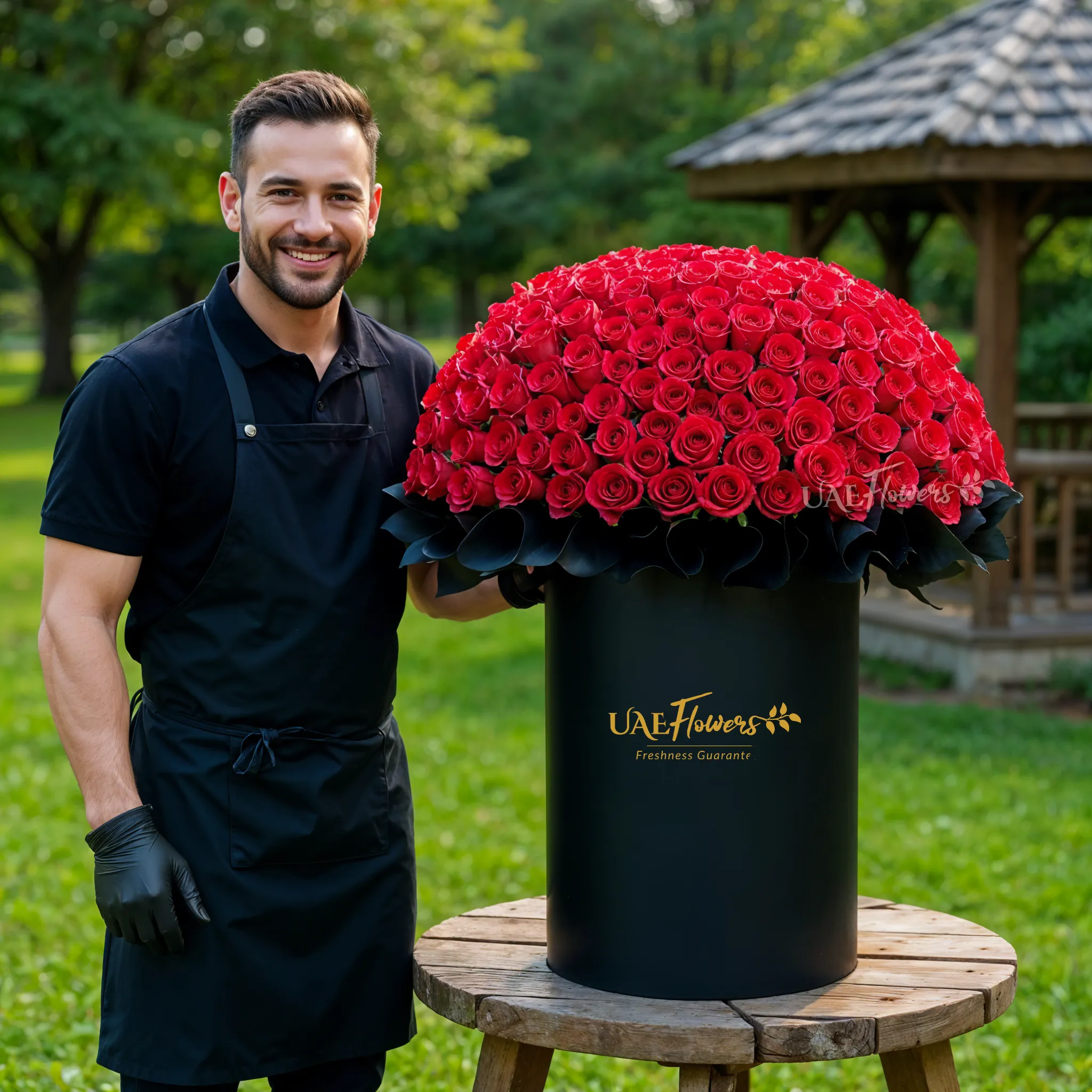 Full round arrangement of 300 red roses in a tall round box.
