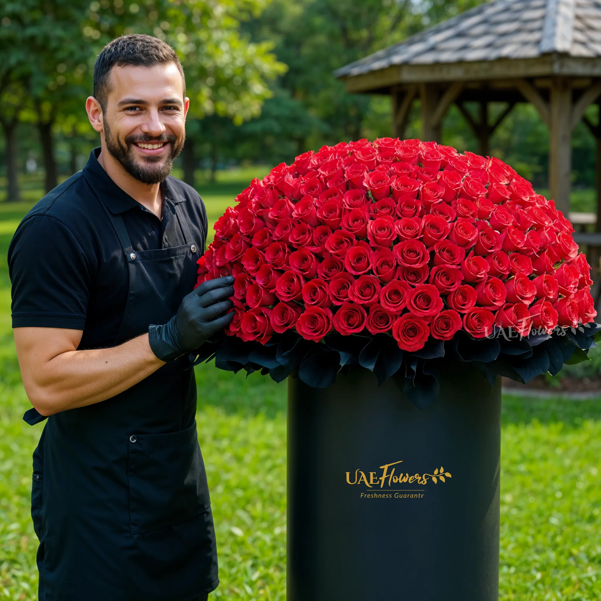 Full round arrangement of 300 red roses in a tall round box.