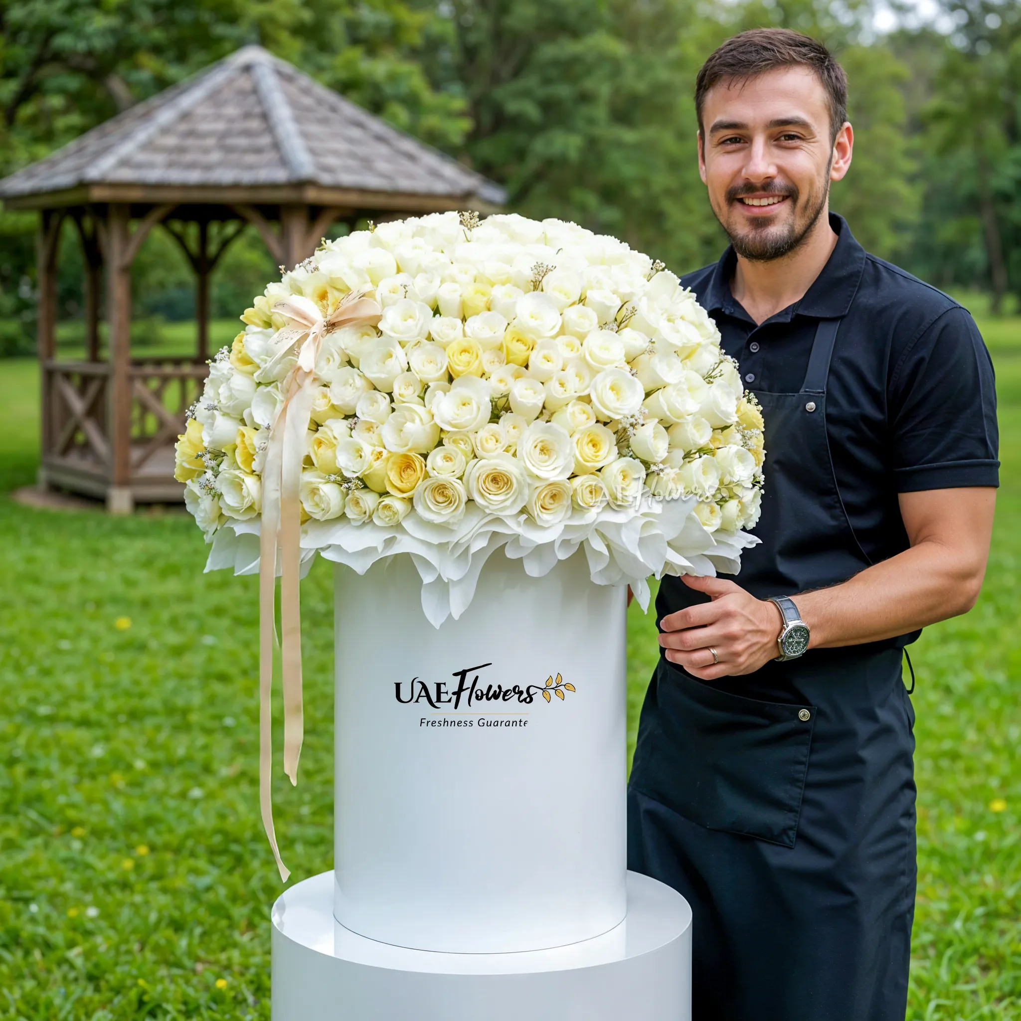 Full round arrangement of 300 white roses in a tall round box.