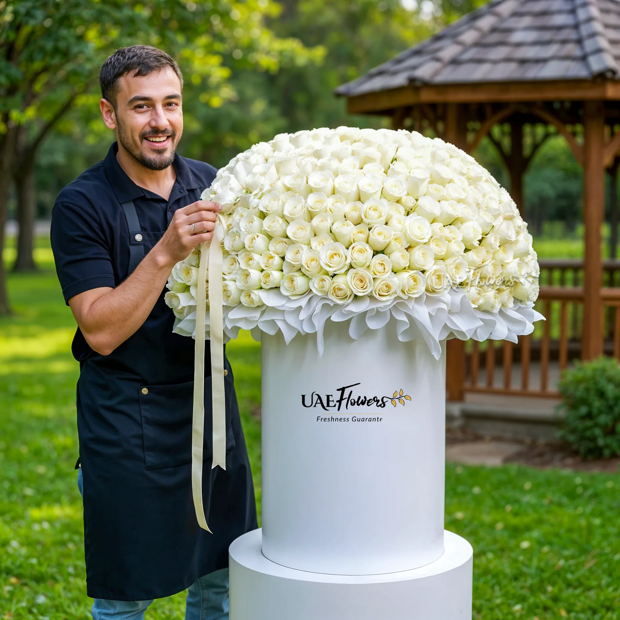 Full round arrangement of 300 white roses in a tall round box.