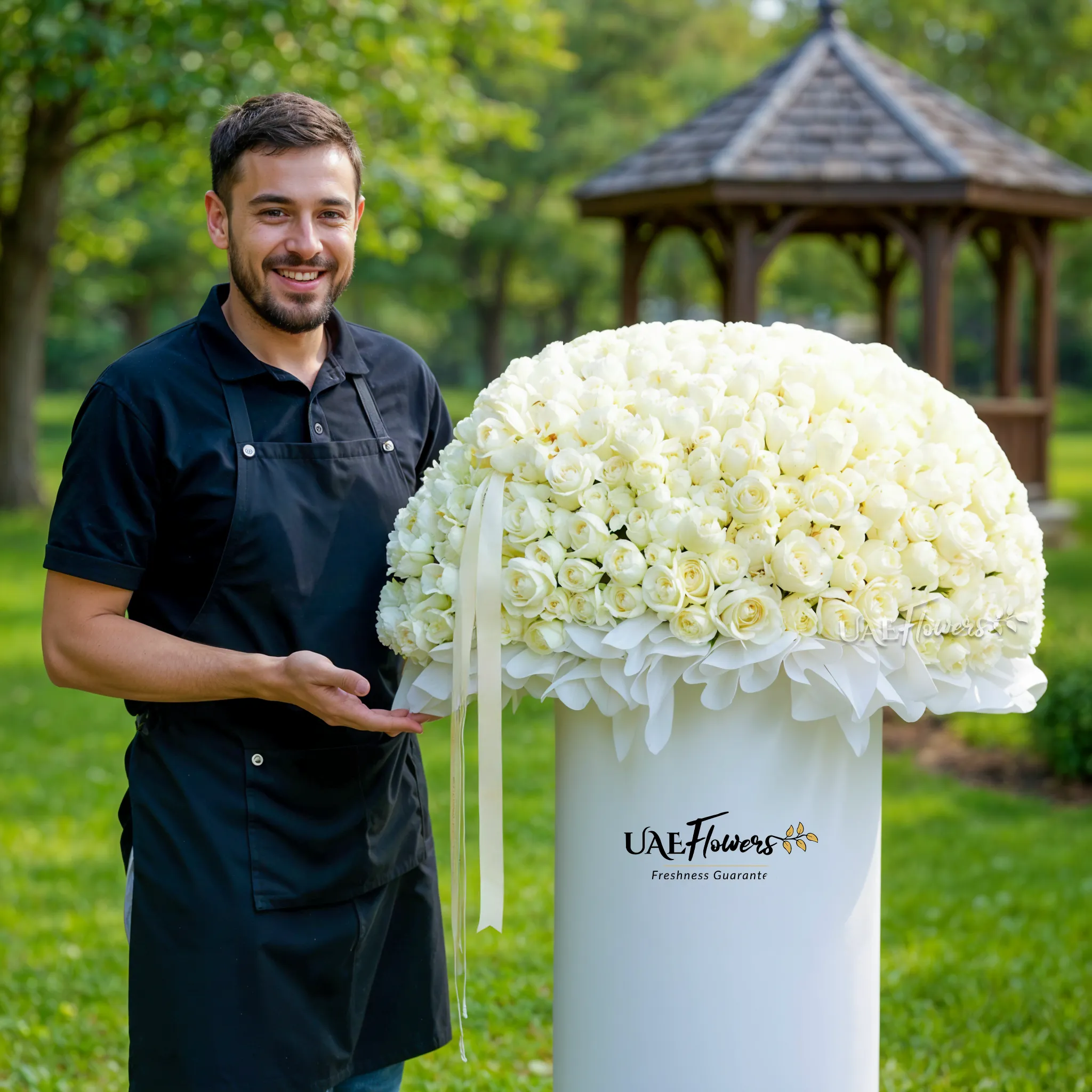 Full round arrangement of 300 white roses in a tall round box.