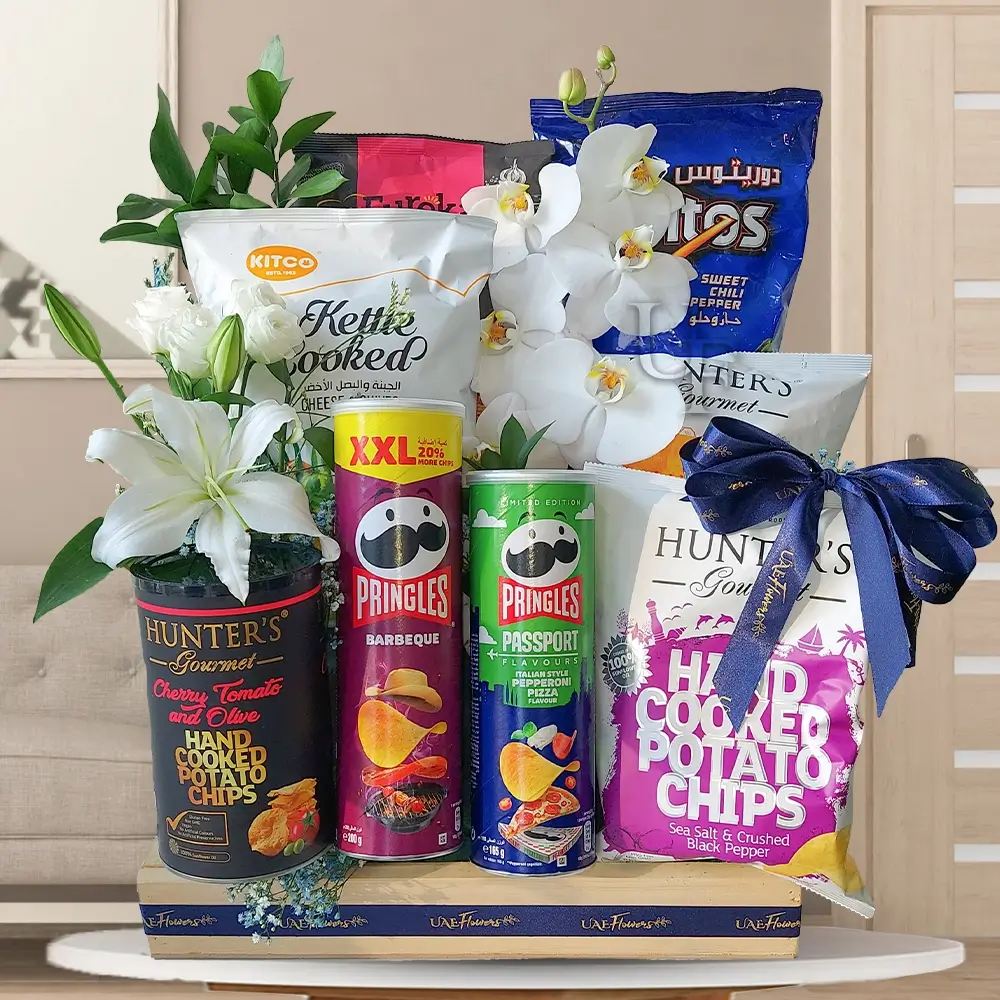 Munchies gift hamper in a rectangle wooden tray