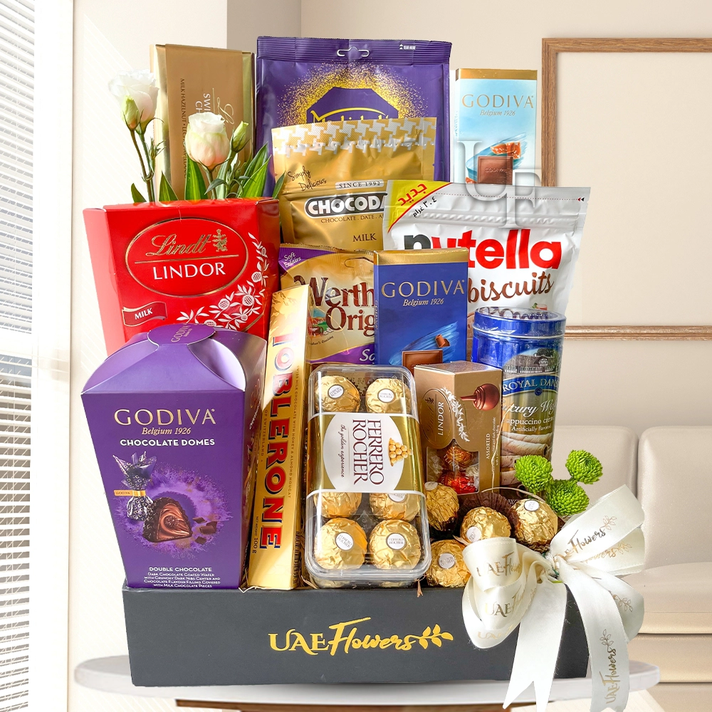 Chocolate gift hamper in a rectangle wooden tray