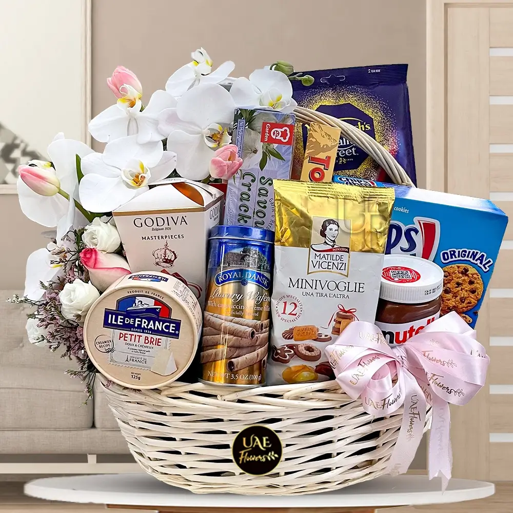 Birthday gift hamper in a handle basket