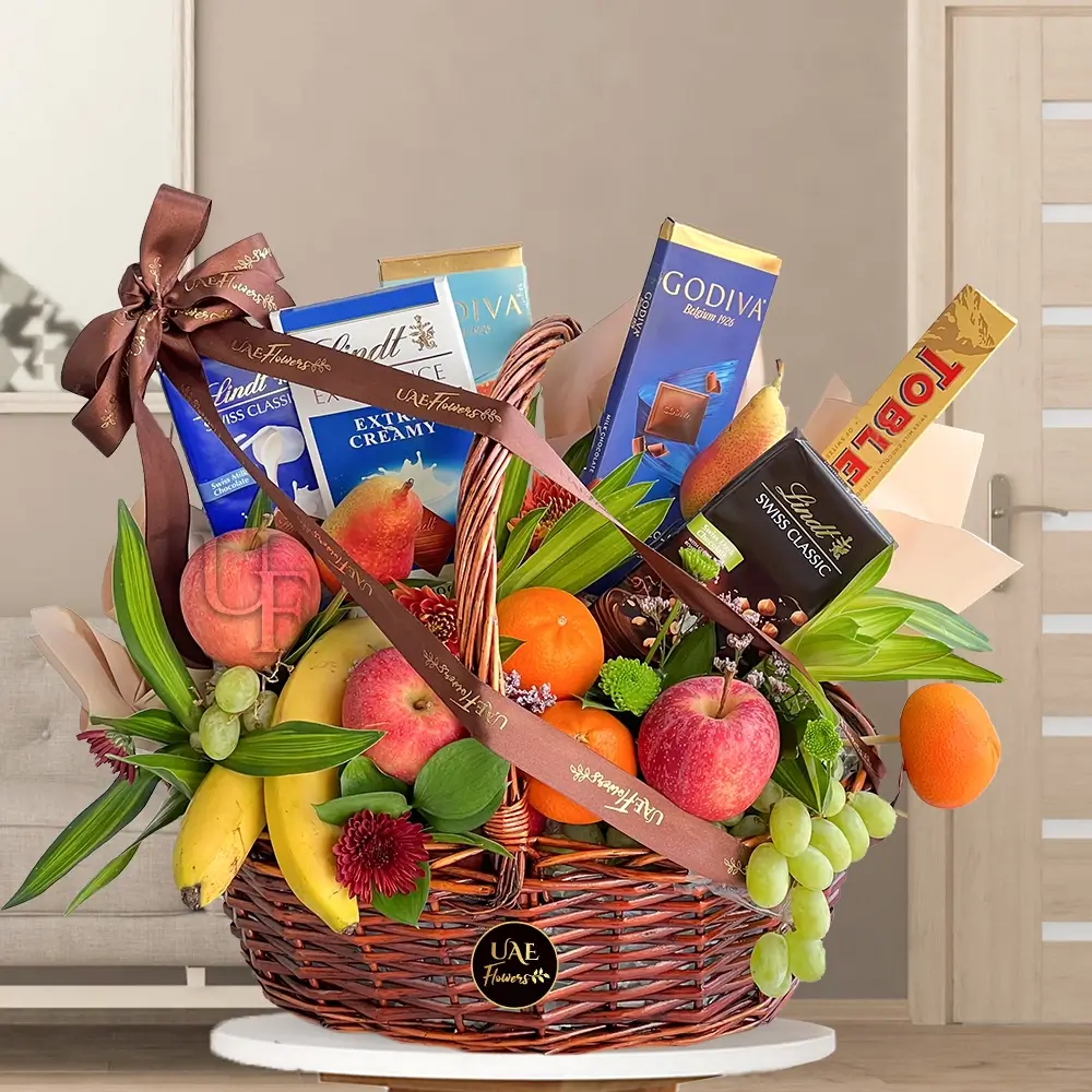 Fruits & chocolates hamper in a handle basket