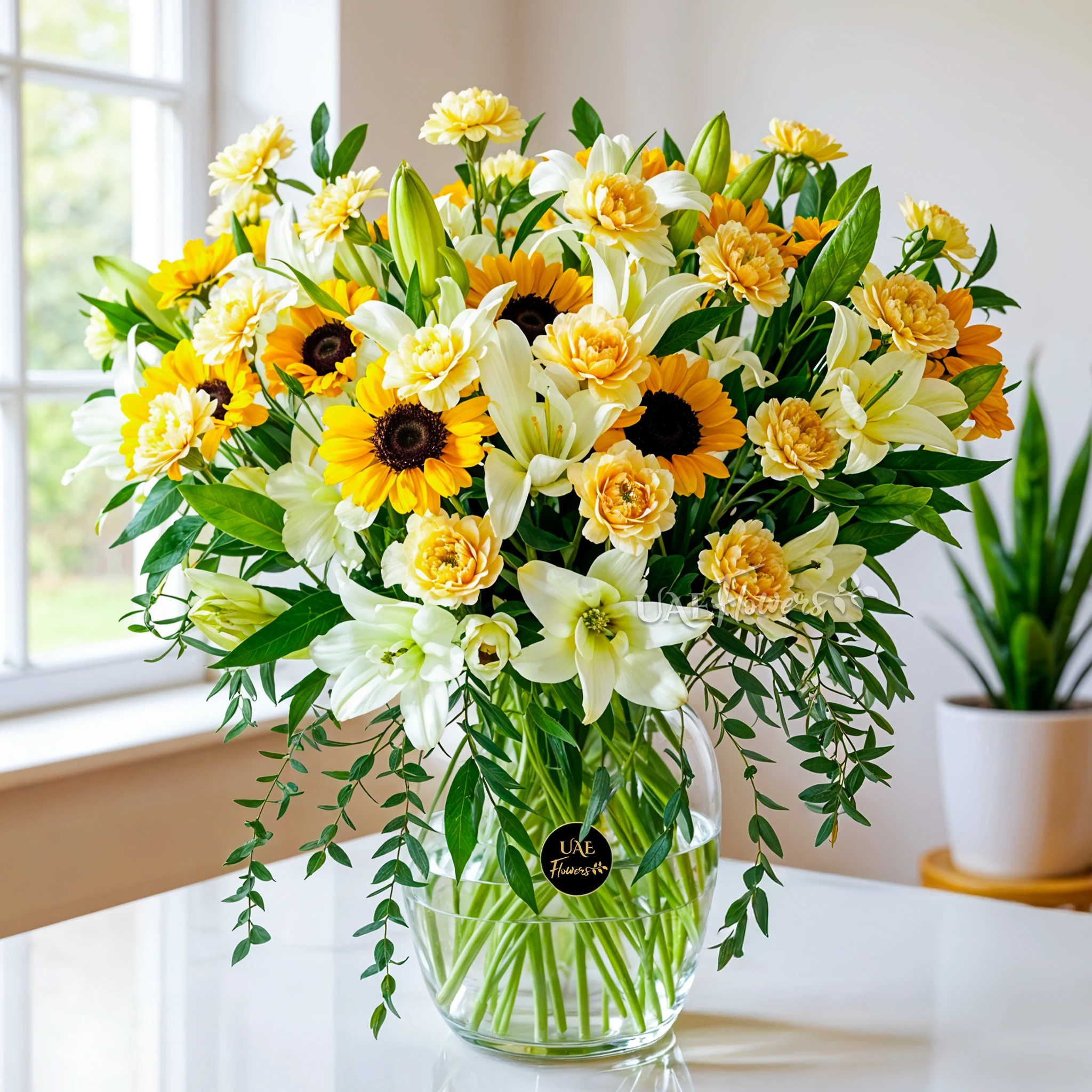 15 white lilies, 10 sunflowers & 20 peach carnations in a glass vase
