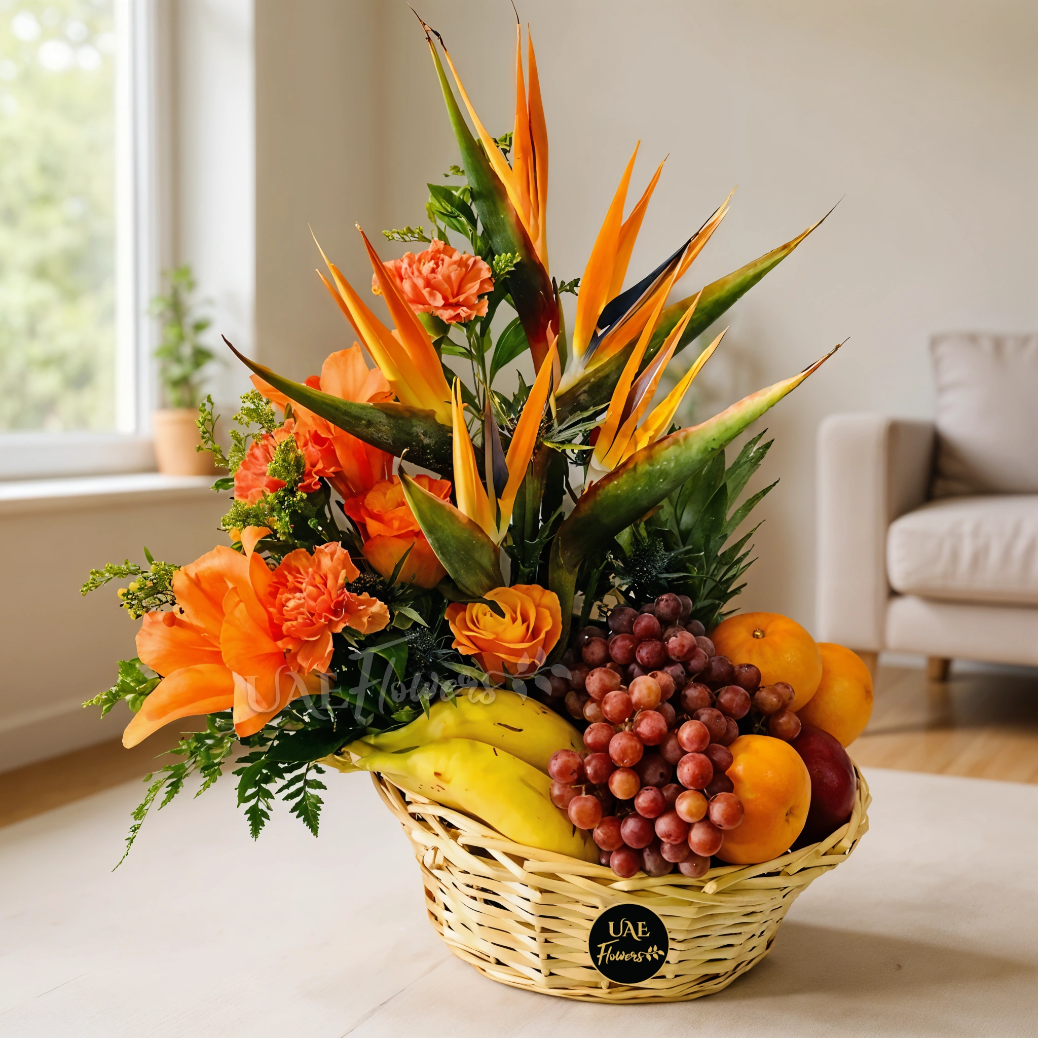 A basket of exotic golden flowers, a spiky bird of paradise, lilies, and plenty of the juiciest tropical fruits, including bananas, pineapple, apples, oranges, and grapes