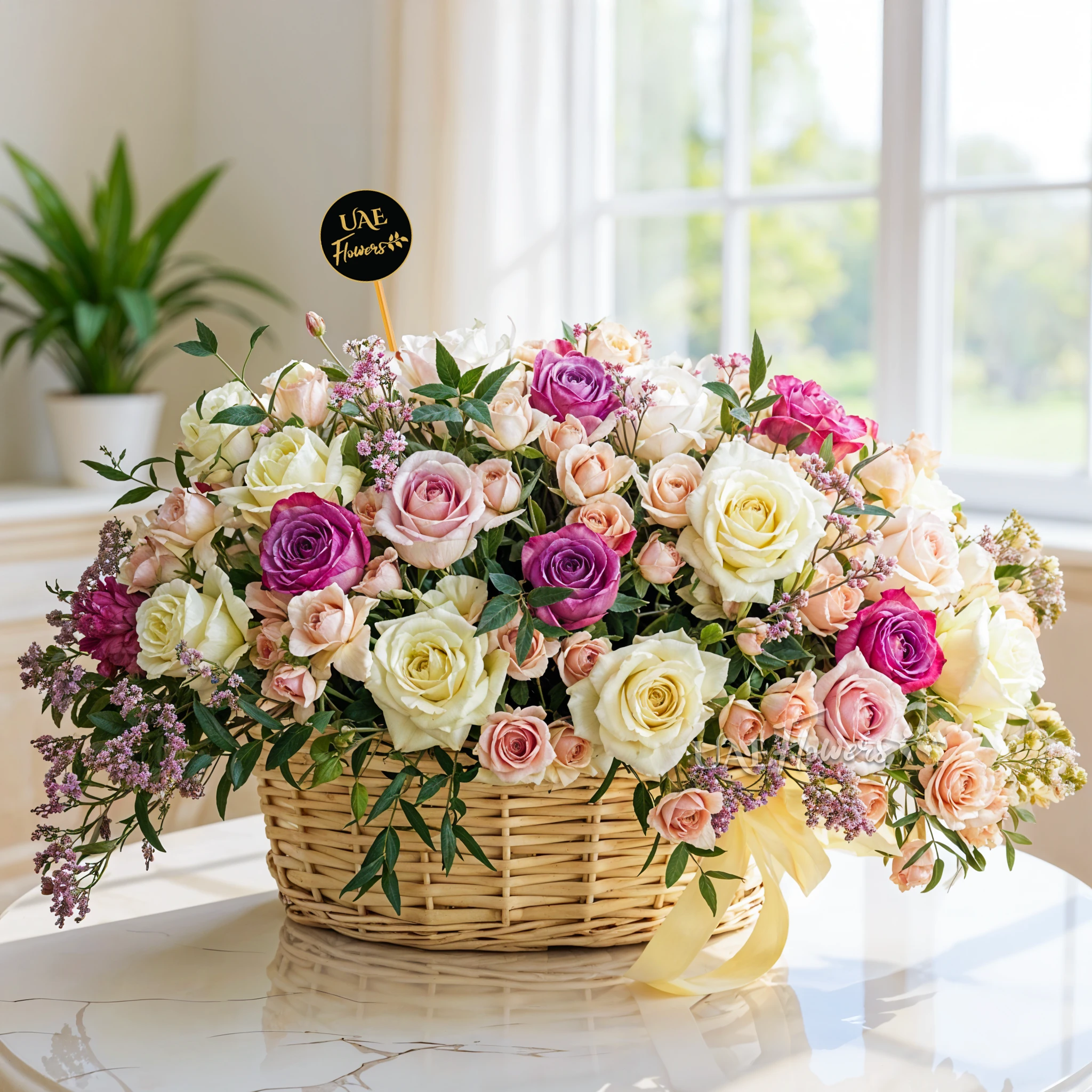 10 purple roses, 6 white roses, 6 pink roses, and 10 pink spray roses with green fillers