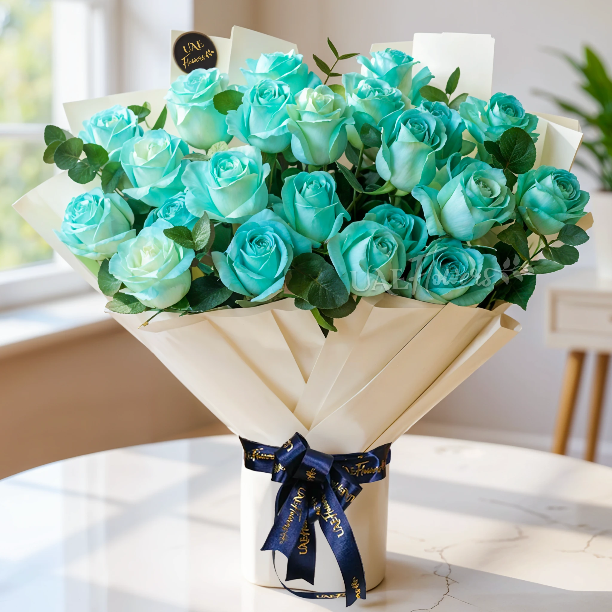 25 blue sprayed roses with green fillers and ribbon wrapping