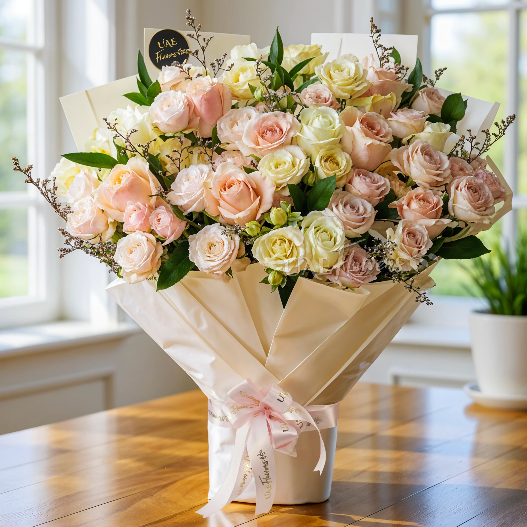 24 roses in pink, peach, and white shades with limonium