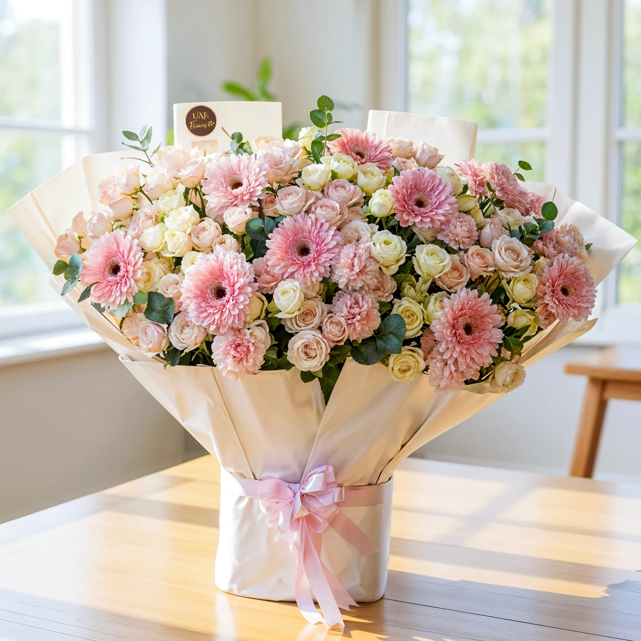 pink gerberas, 10 pink carnations, and 20 pink and white spray roses