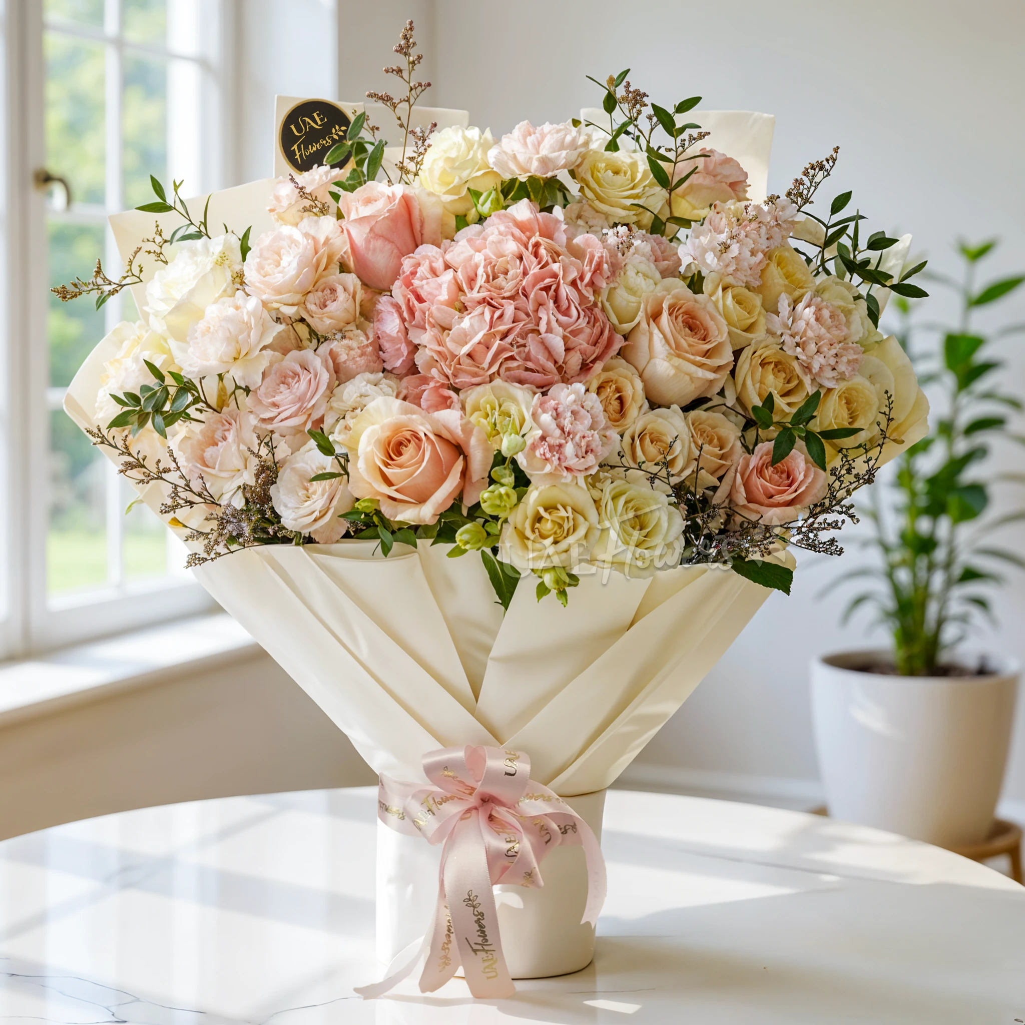 10 white and pink roses, 5 carnations, 3 pink and 3 peach spray roses