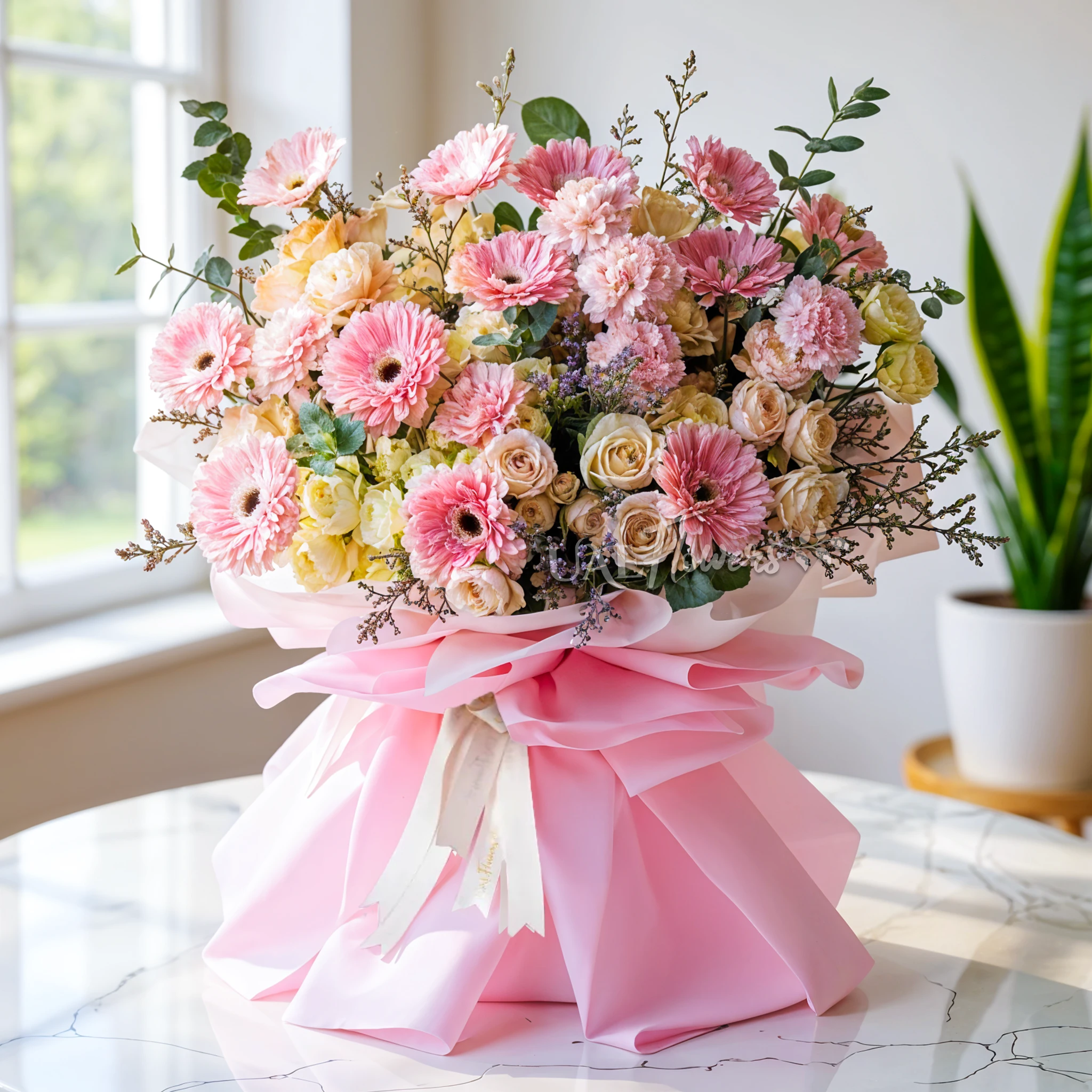 12 pink gerberas, 12 spray roses, and 12 carnations, wrapped