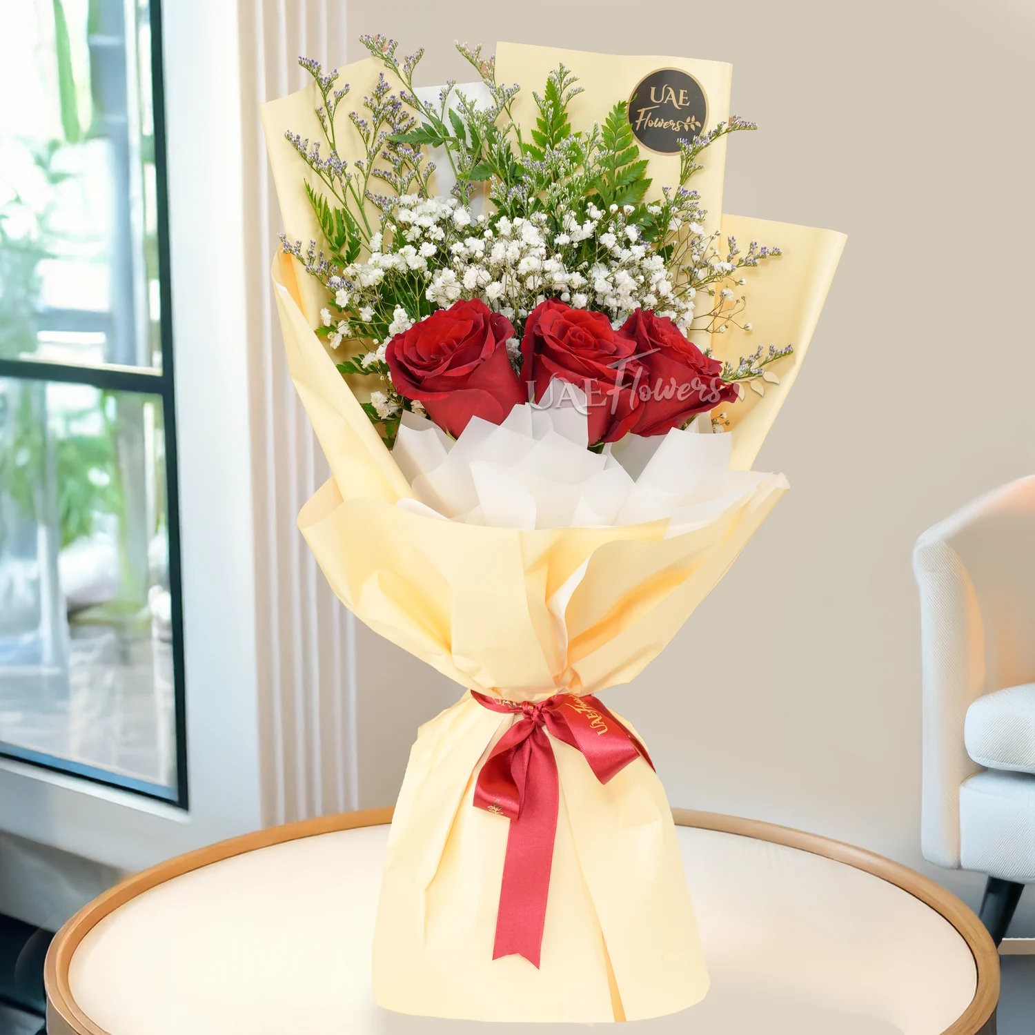 Bouquet of 3 red roses with green fillers in nice wrapping, a small white teddy bear and 1 kg chocolate cake.