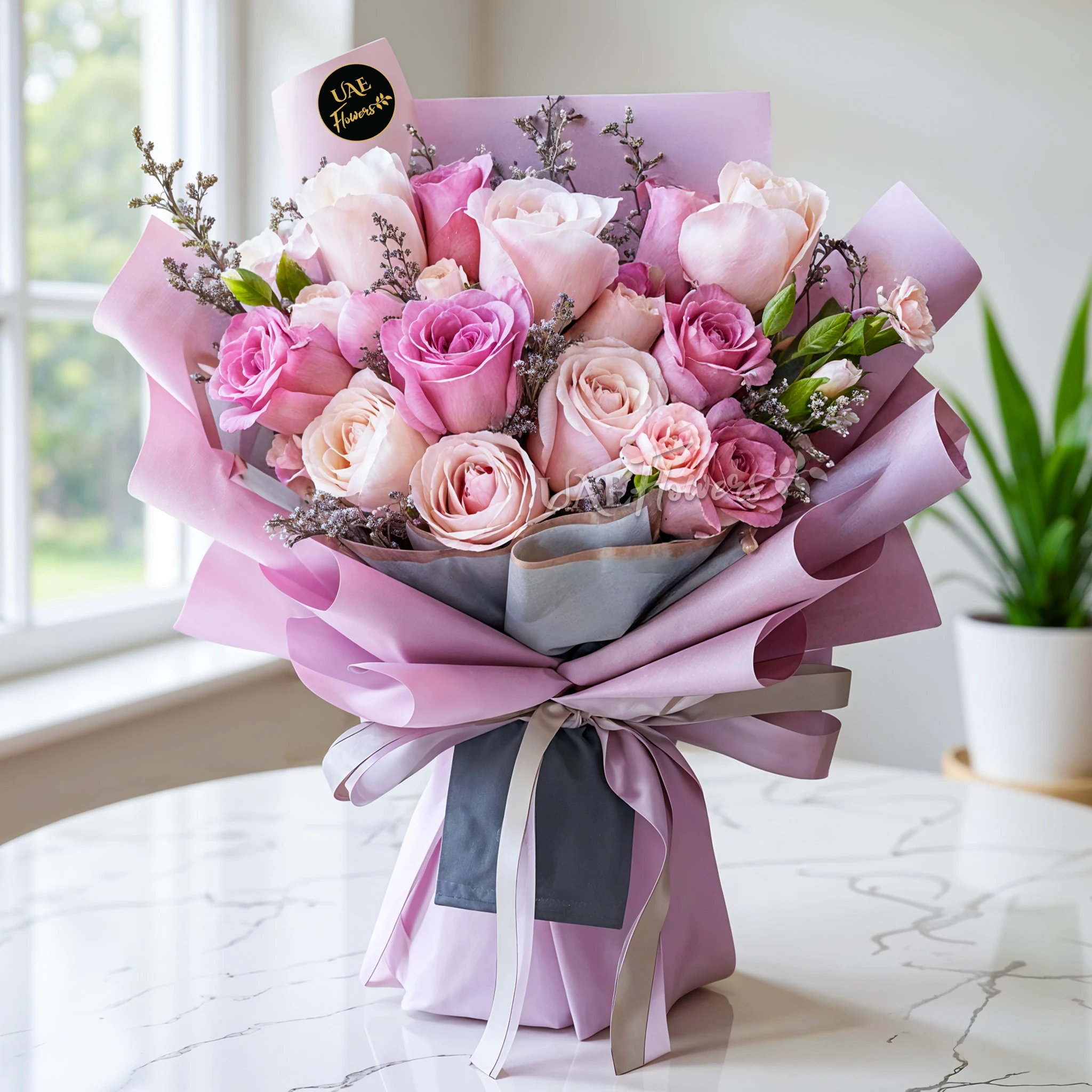 A bouquet of 9 light pink roses, 6 purple roses & 3 light pink carnations with fillers in a purple and grey wrapping paper tied with grey ribbon