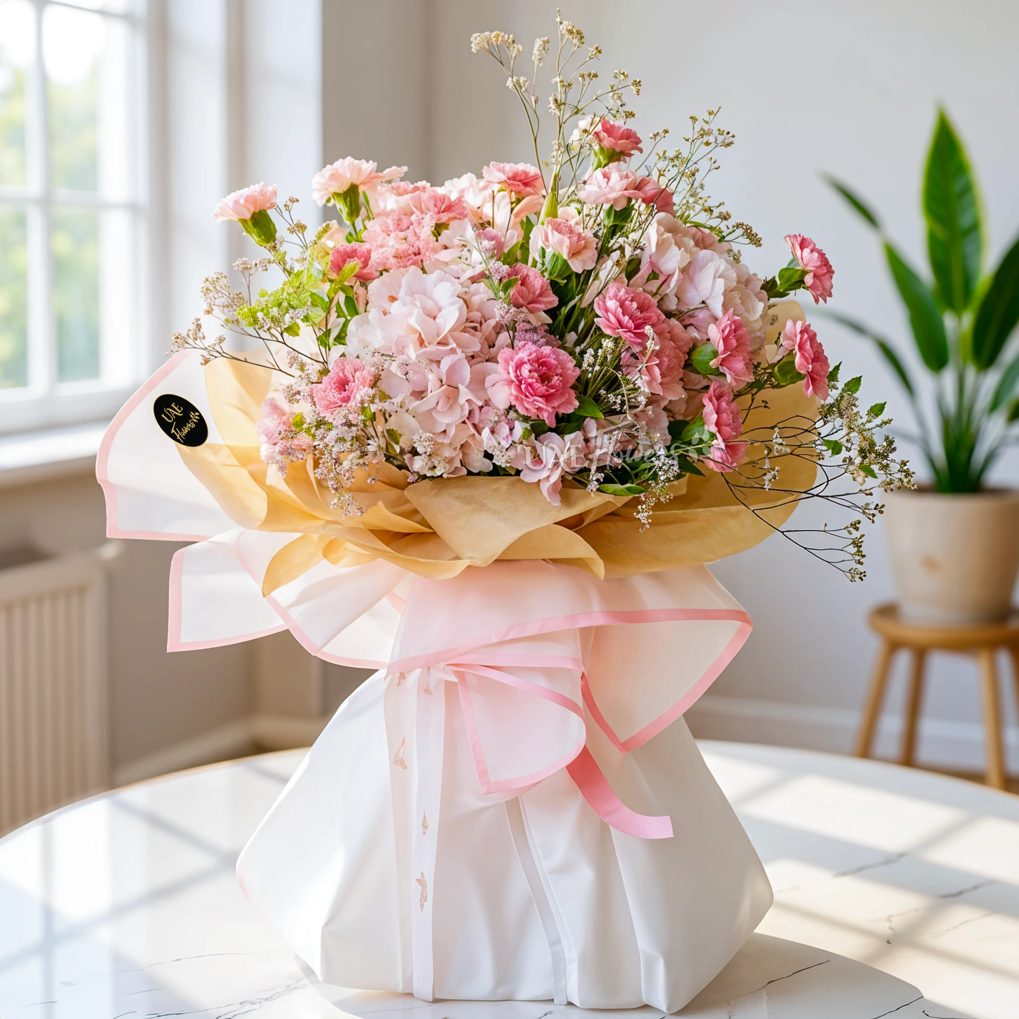 A bouquet of 2 pink hydrangeas, 20 pink carnations and 5 pink alstroemeria with fillers in pink and brown wrapping paper tied with pink ribbon