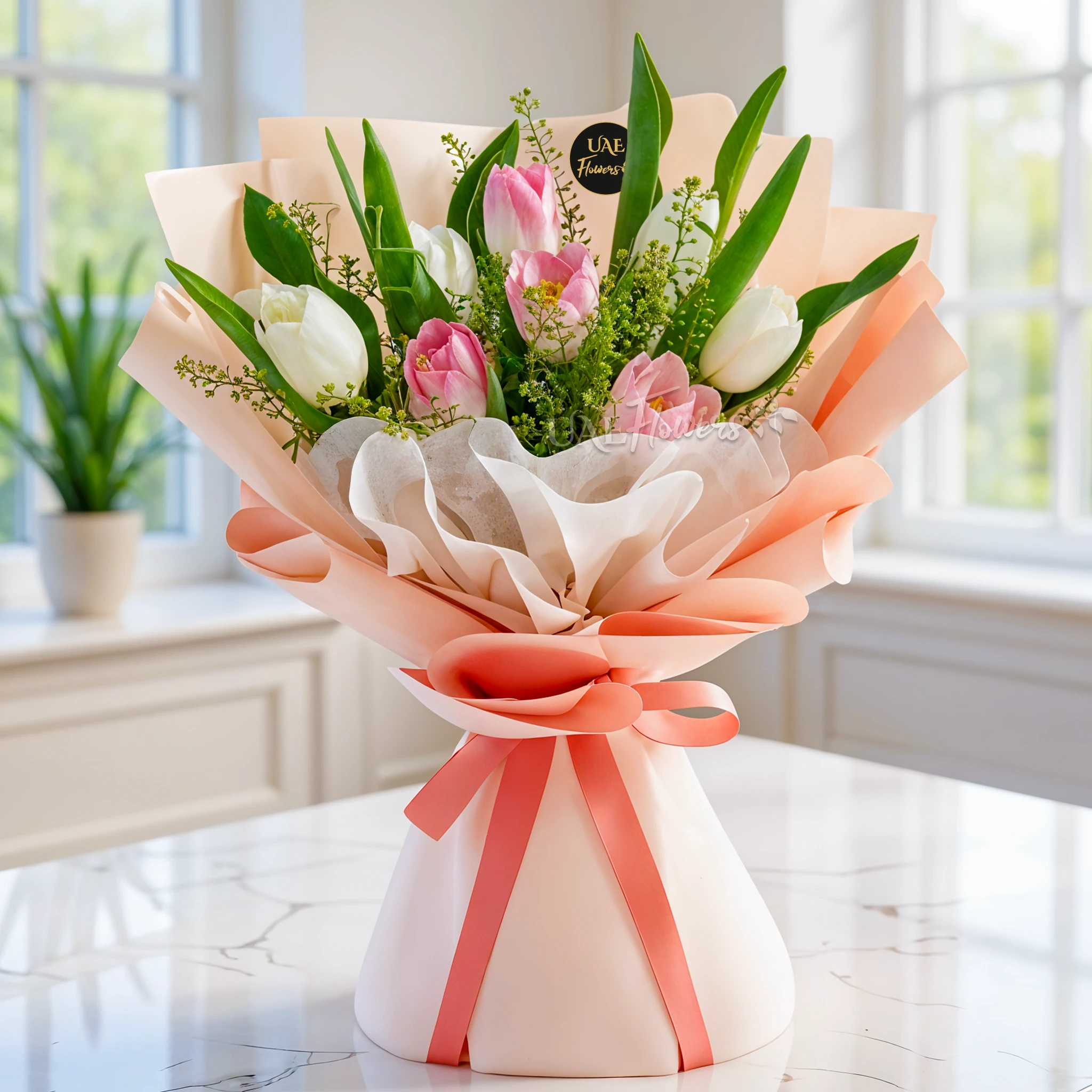 A bouquet of 10 white and pink tulips with fillers, wrapped in pink and white paper tied with pink ribbon
