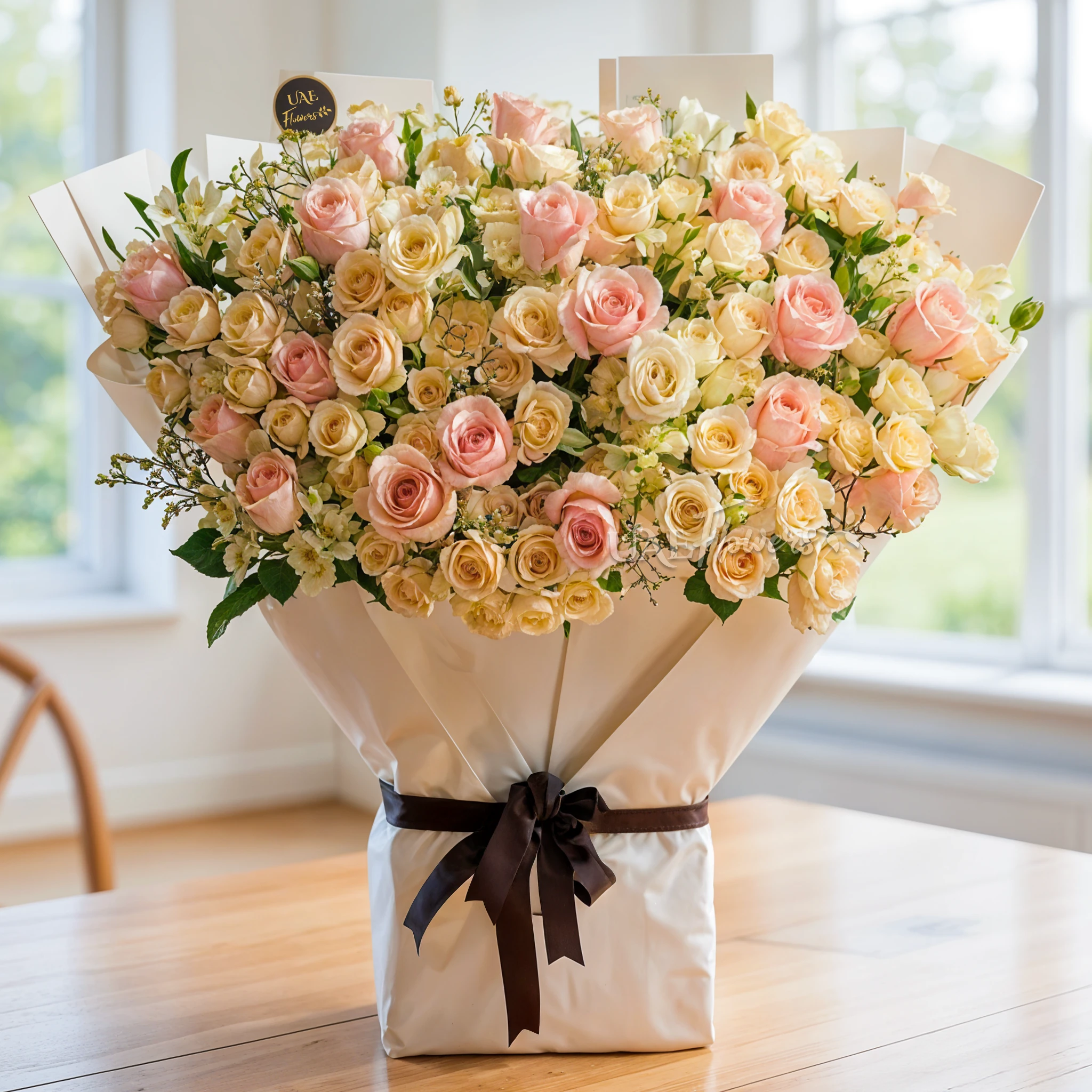 20 peach spray roses, 20 pink roses, and 10 white alstroemeria with limonium, tied with ribbons
