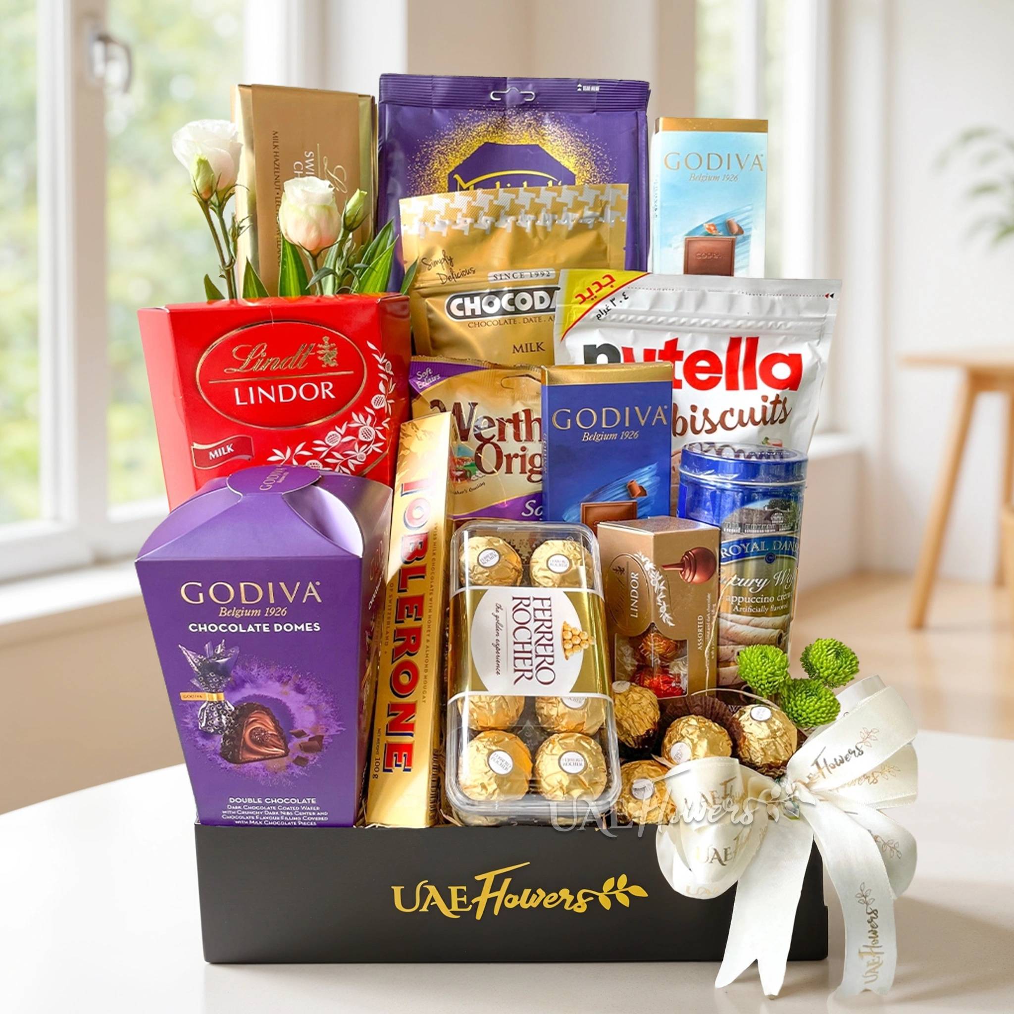 Chocolate gift hamper in a rectangle wooden tray