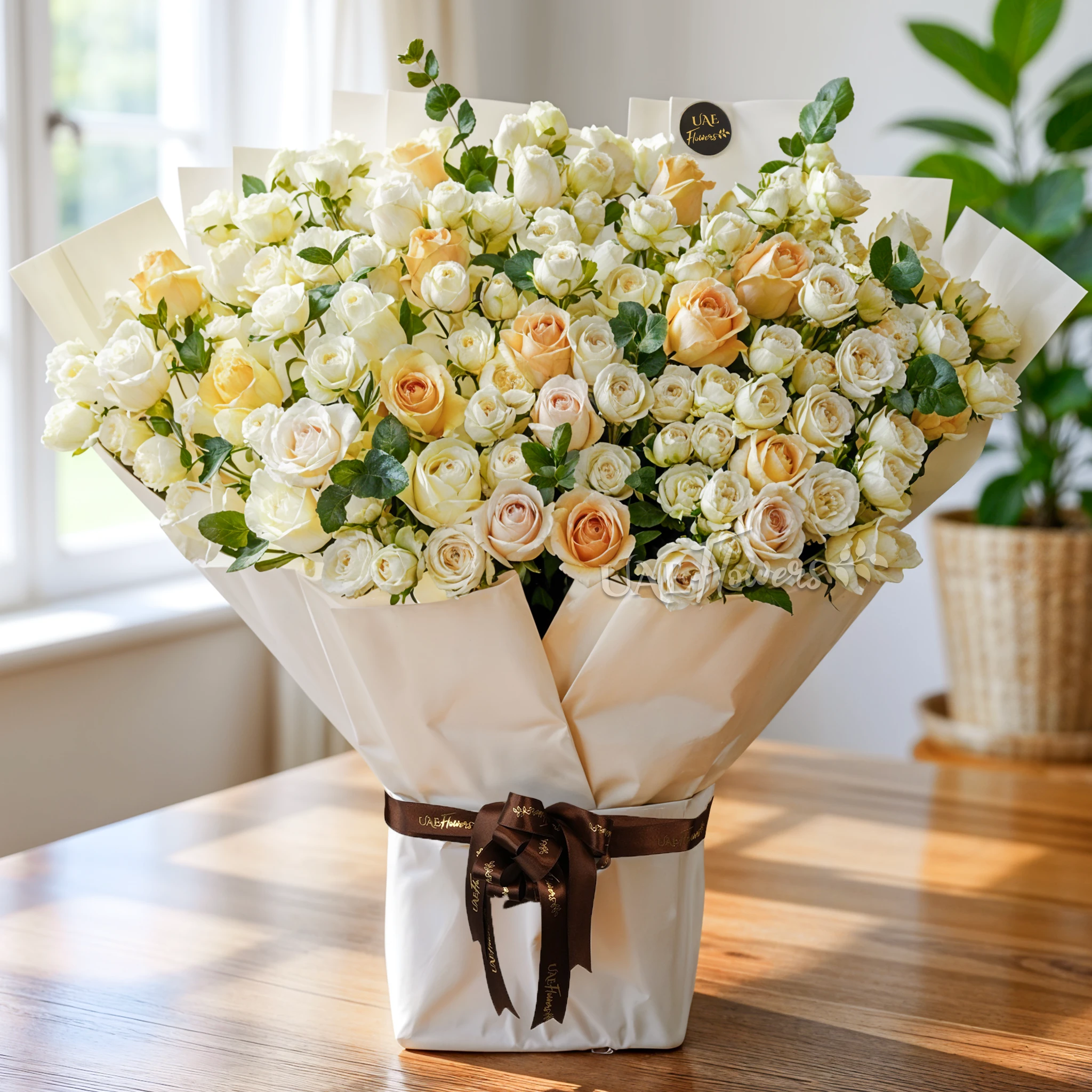 bouquet of 20 white spray roses, 20 white roses, and 20 peach roses