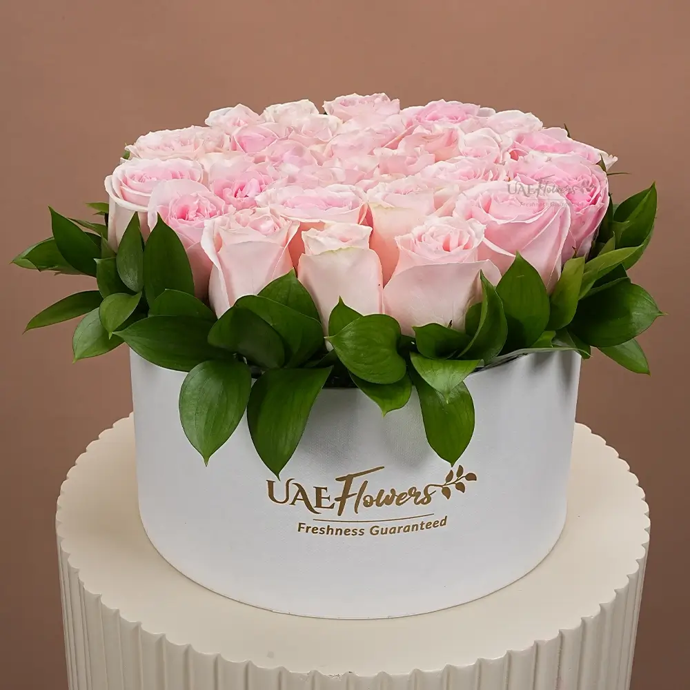 30 pink roses in a white round box