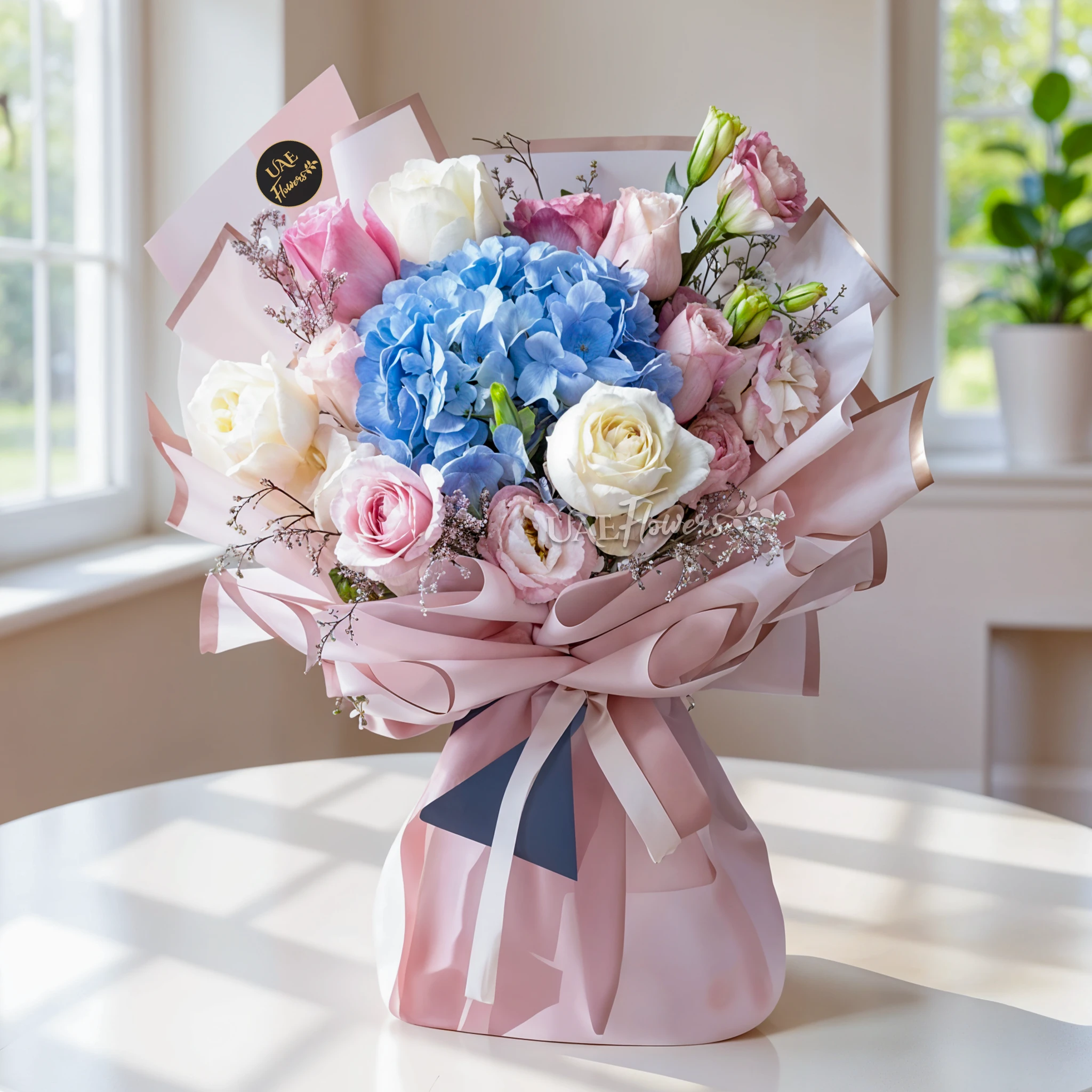 A dreamy pastel bouquet of 1 hydrangeas, 12 white and pink roses wrapped in pink paper with golden edges