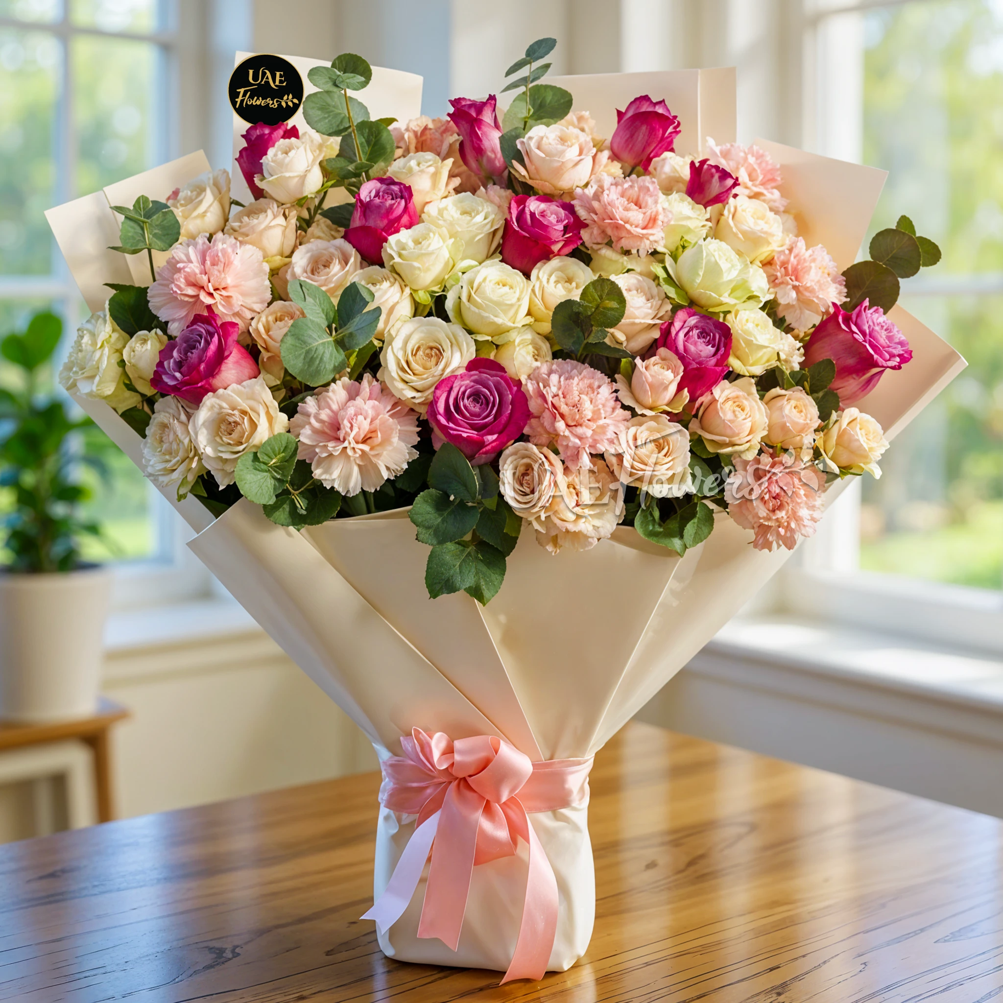 purple roses, 6 pink spray roses, 6 white spray roses and 6 pink carnations