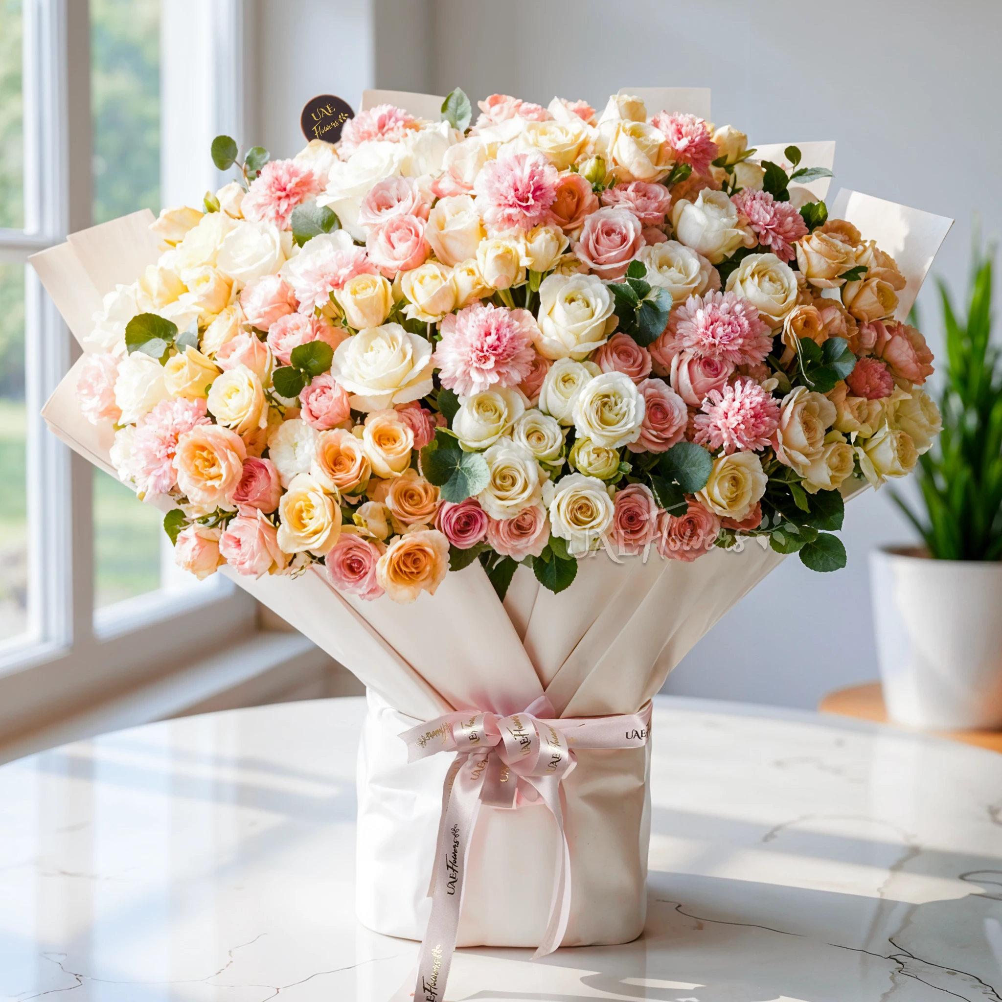 30 peach, pink, and white spray roses, 10 pink carnations, and 10 white roses