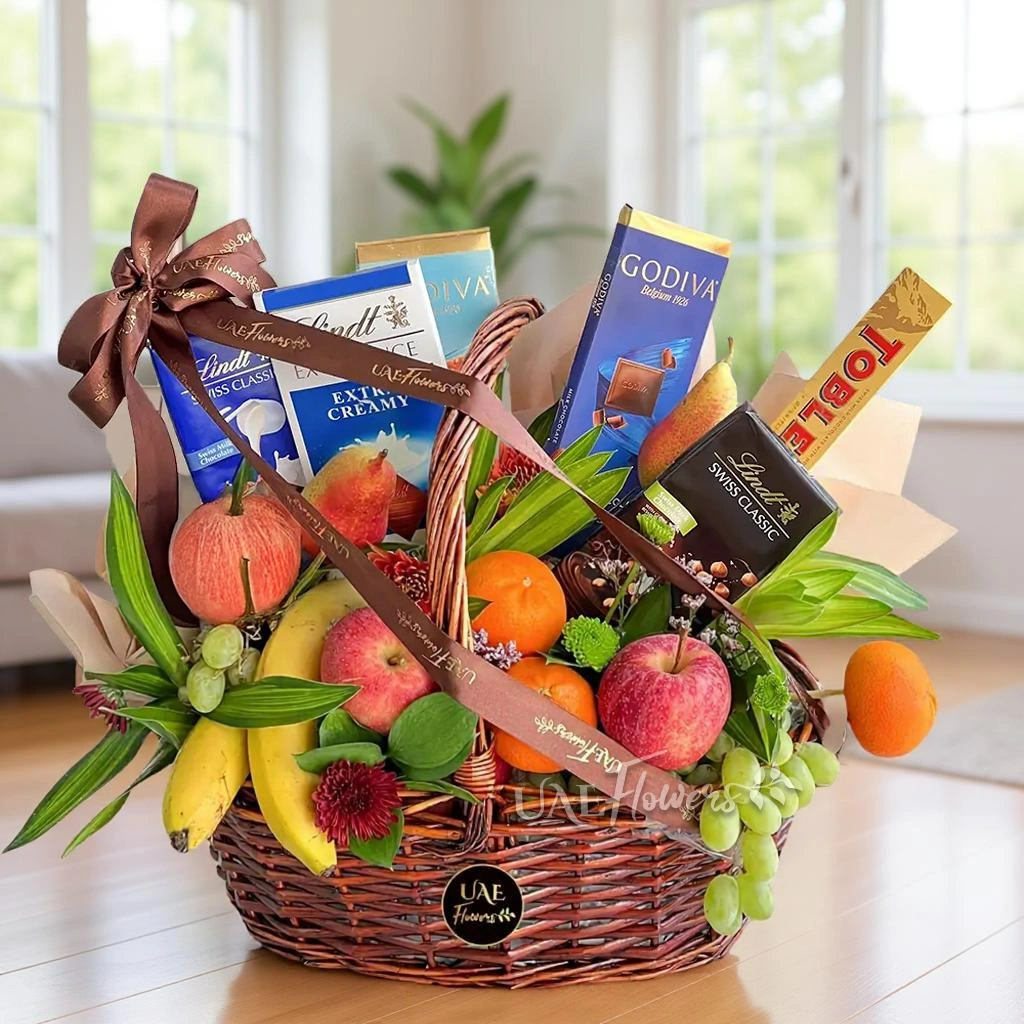 Fruits & chocolates hamper in a handle basket