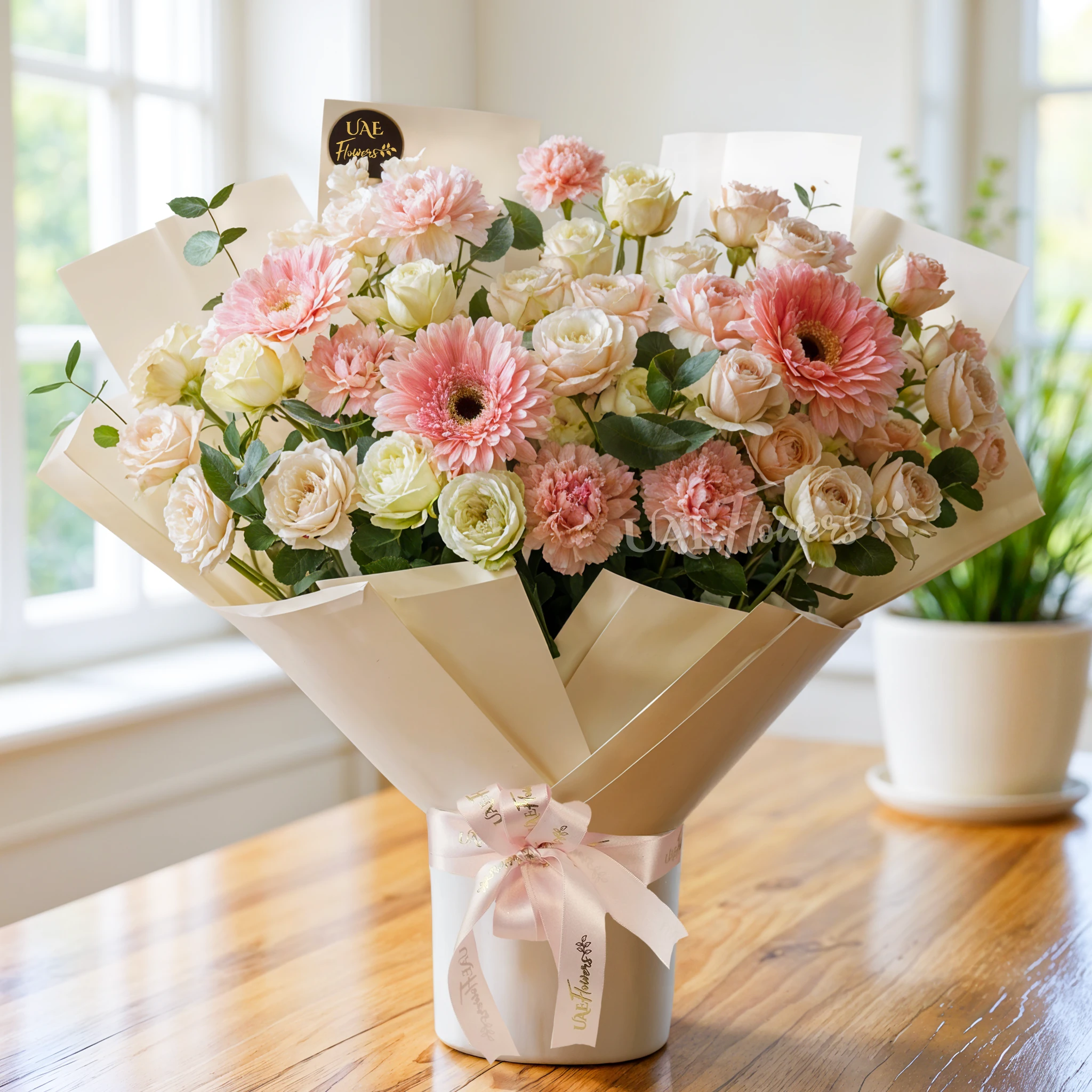 Bouquet of pink gerberas, pink carnations, pink spray roses, and peach spray roses with green fillers tied with ribbons, perfect for celebrations.