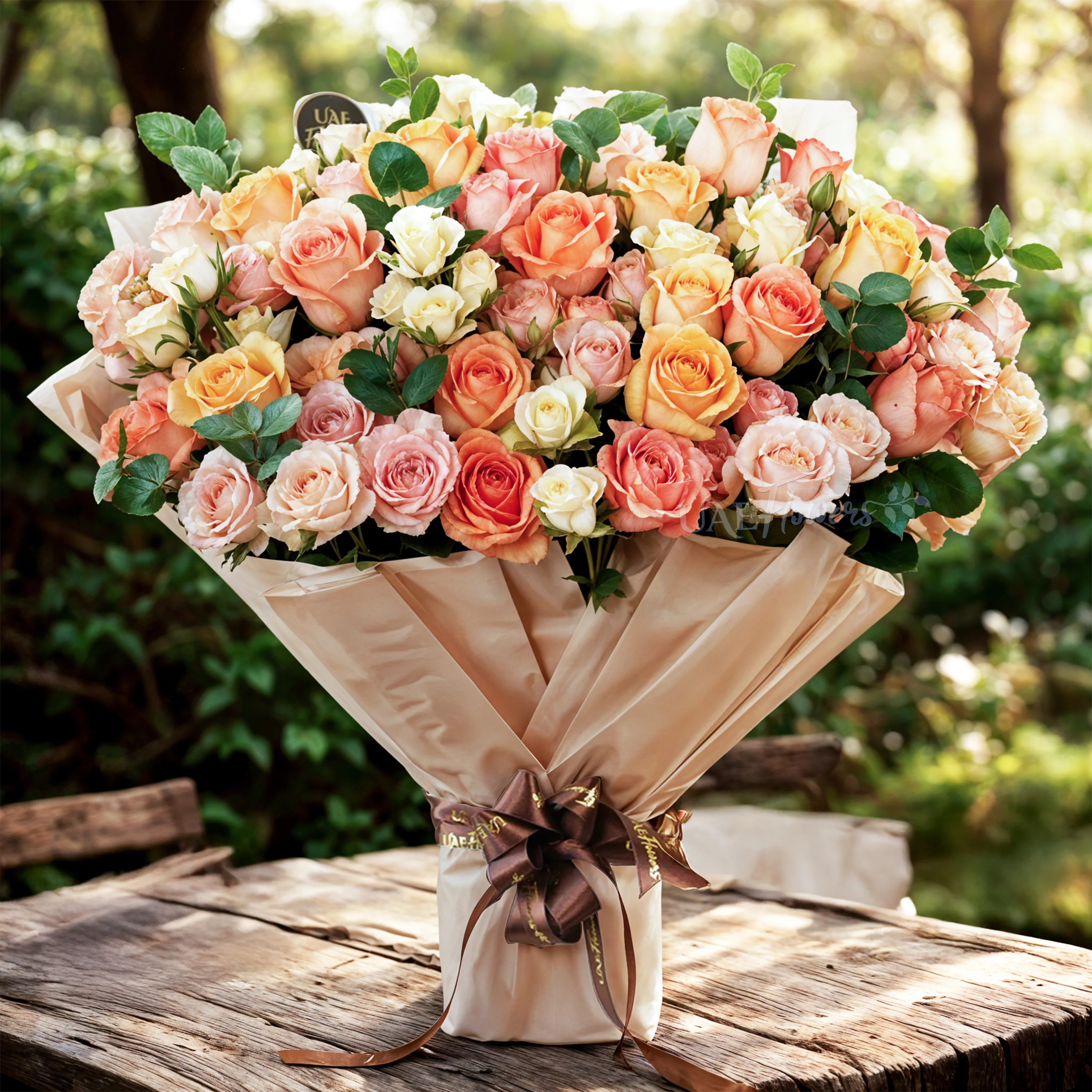 Bouquet of white and pink spray roses with pastel-colored roses and green fillers tied with elegant ribbons