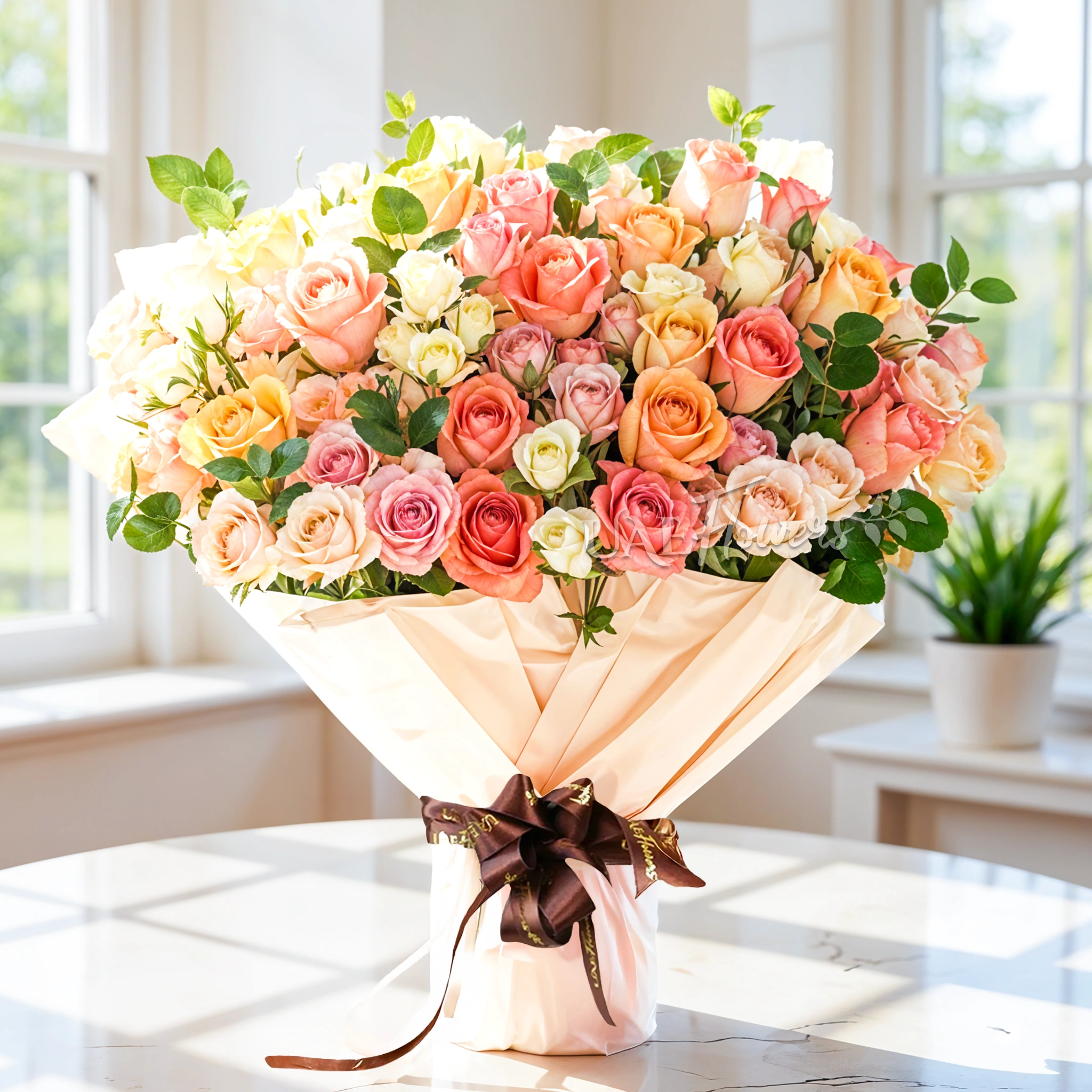 Bouquet of white and pink spray roses with pastel-colored roses and green fillers tied with elegant ribbons