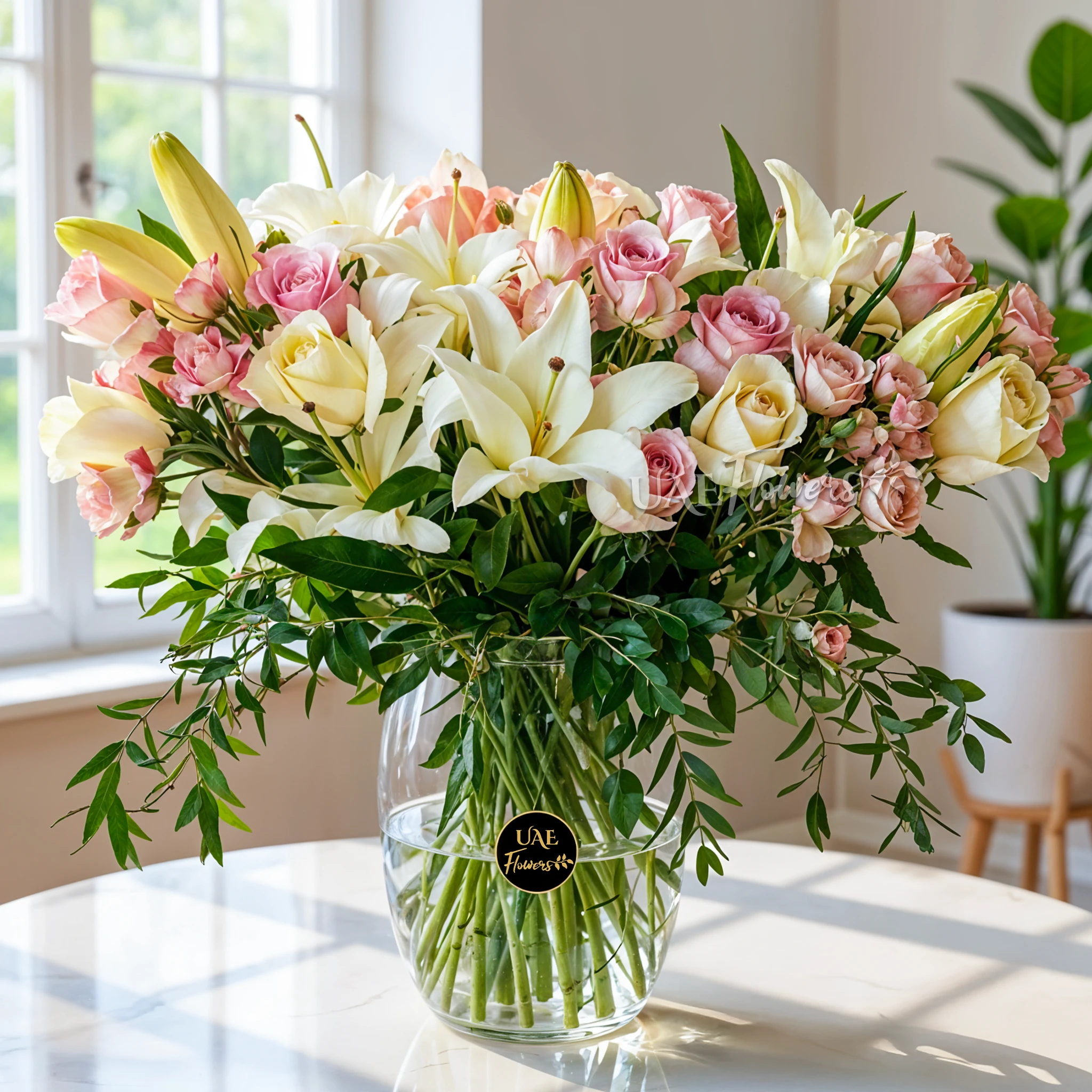 Glass vase with white lilies, pink and white roses, pink spray roses, and green fillers arranged elegantly