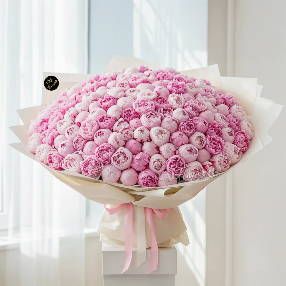 Bouquet of 200 pink peonies wrapped in premium paper for a luxurious floral gift