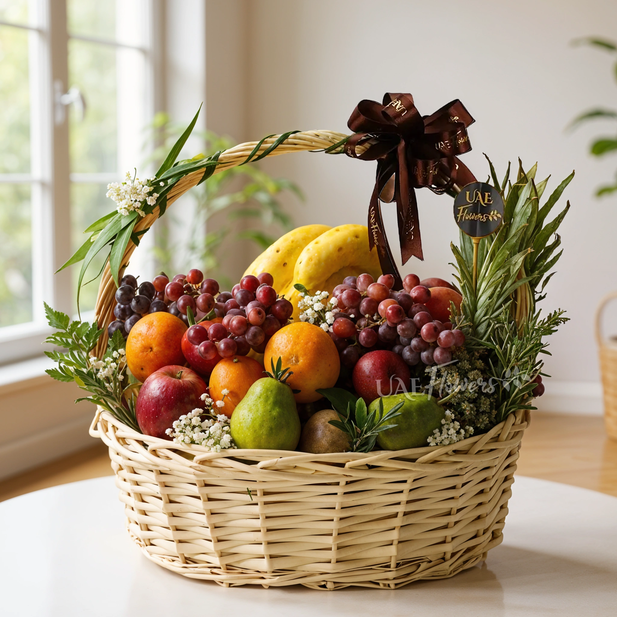Basket arrangement of sweet pineapple, oranges, apples, pears, grapes, and kiwis nicely arranged with baby's breath and greens, tie a brown ribbon on the handle