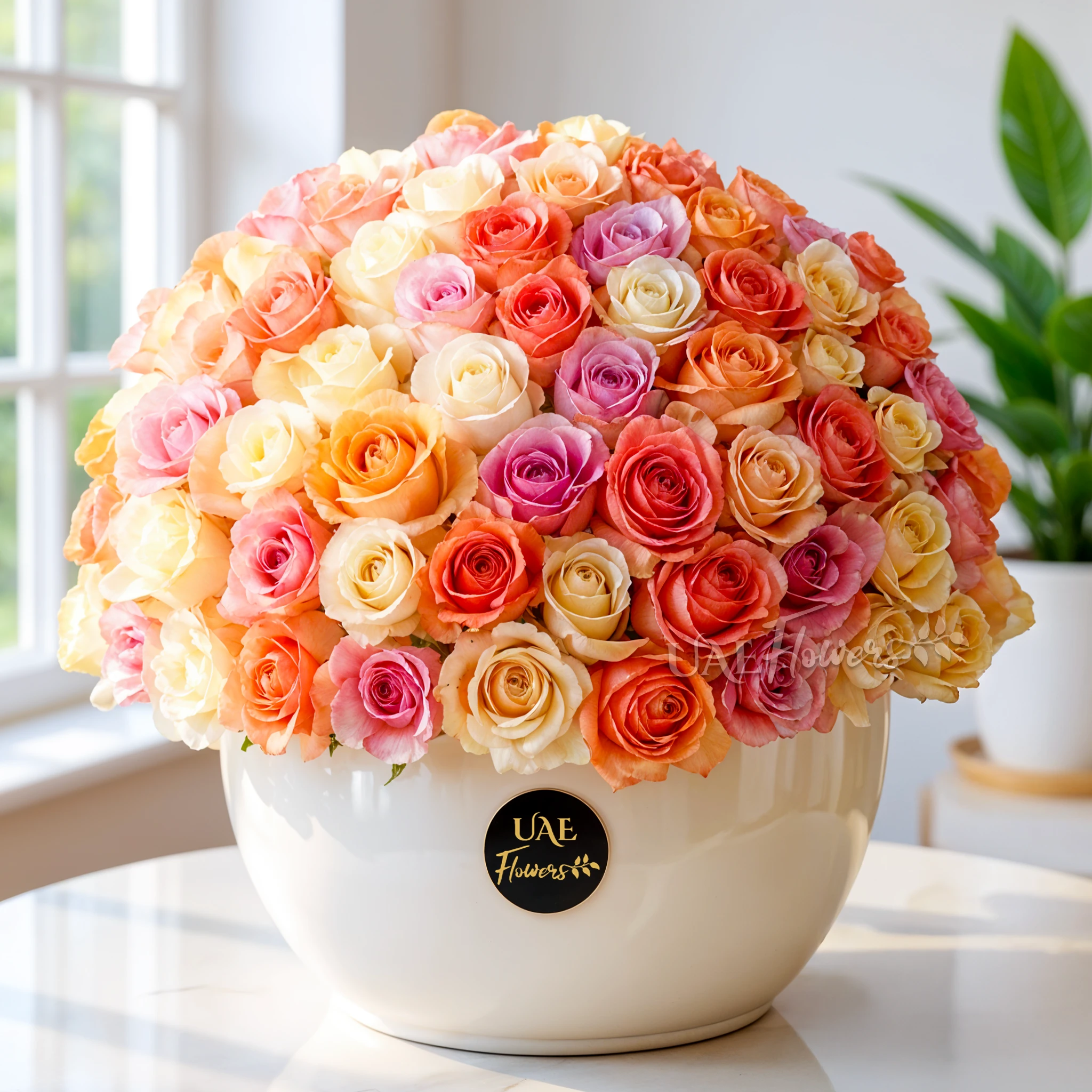 Mixed Pastel Roses in Ceramic Vase