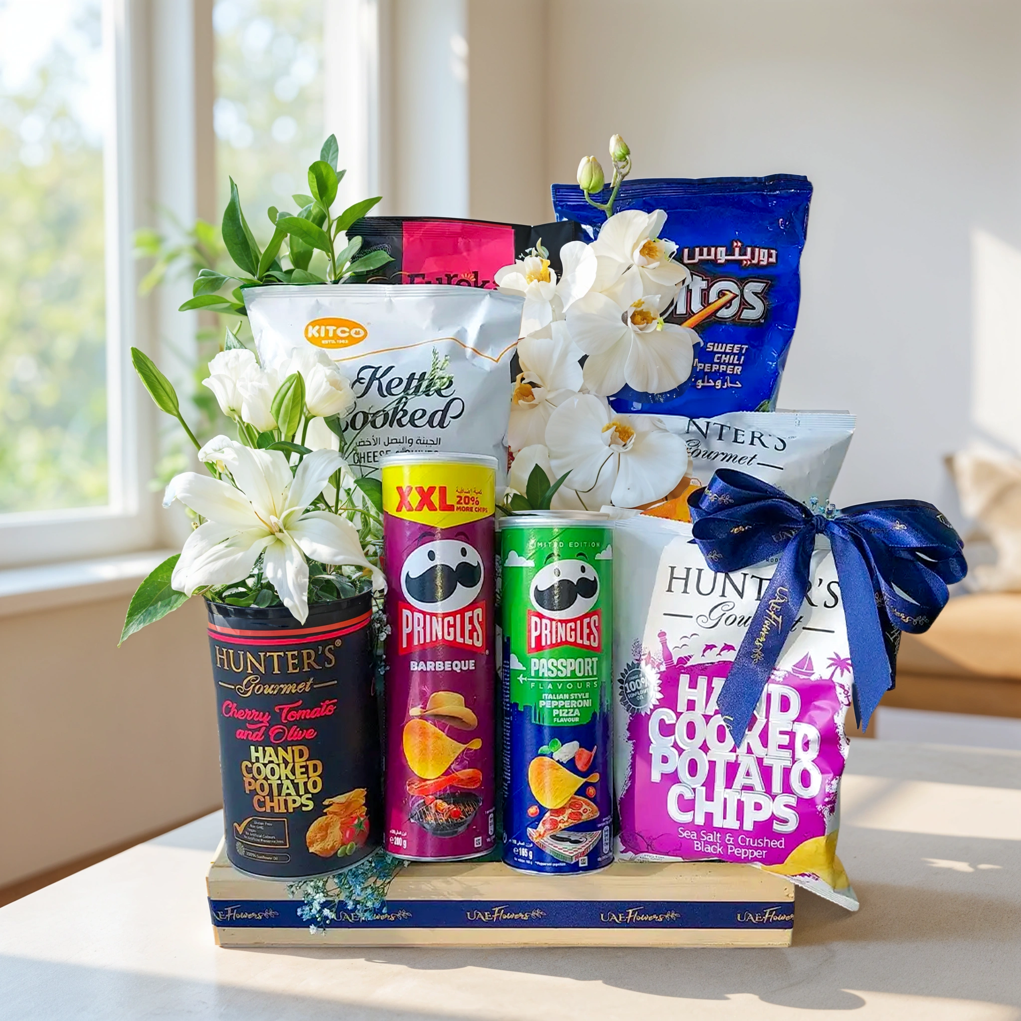 Munchies gift hamper in a rectangle wooden tray