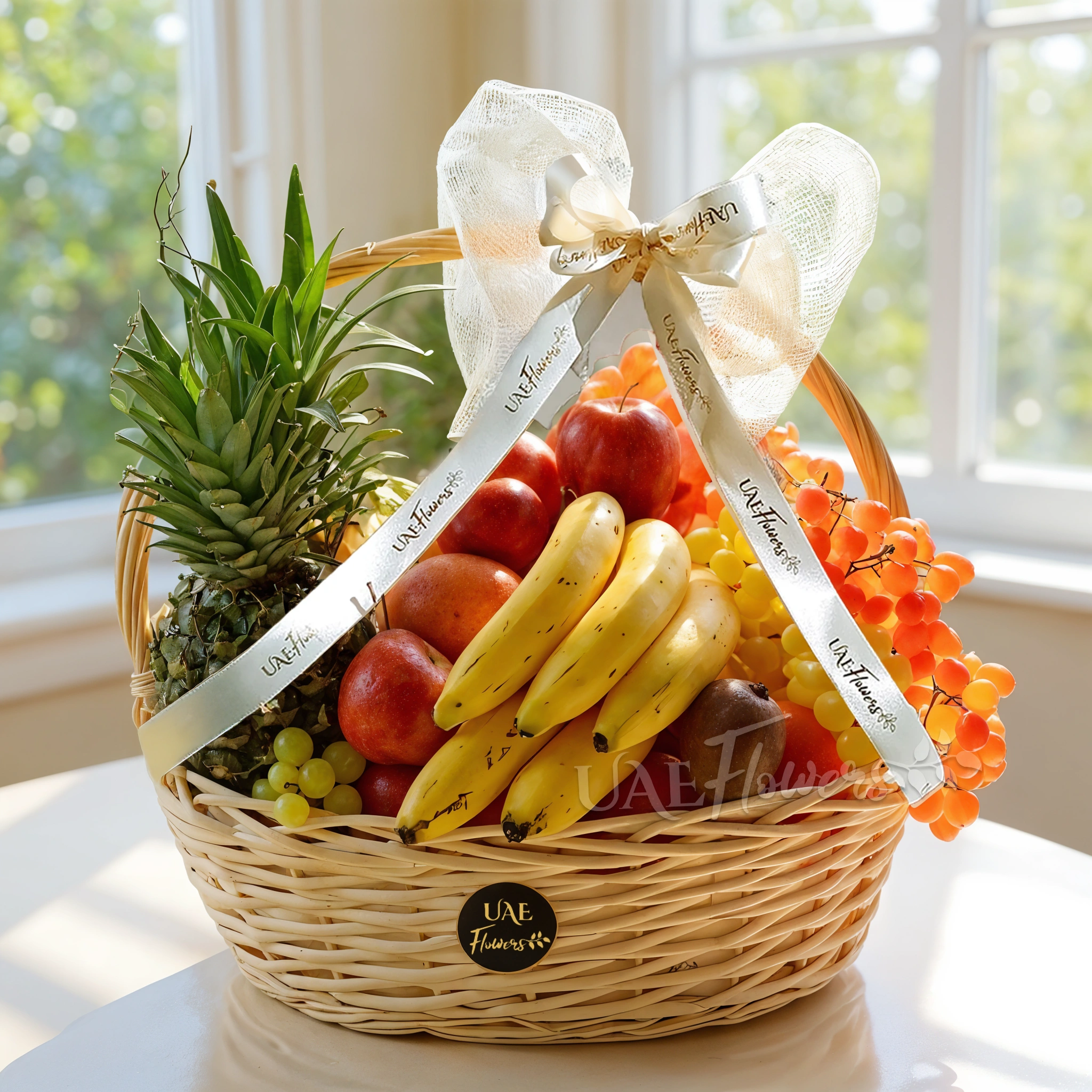2 pineapples, 5 apples, 5 oranges, 5 pears, 5 kiwis, 5 bananas, and 1 kg grapes