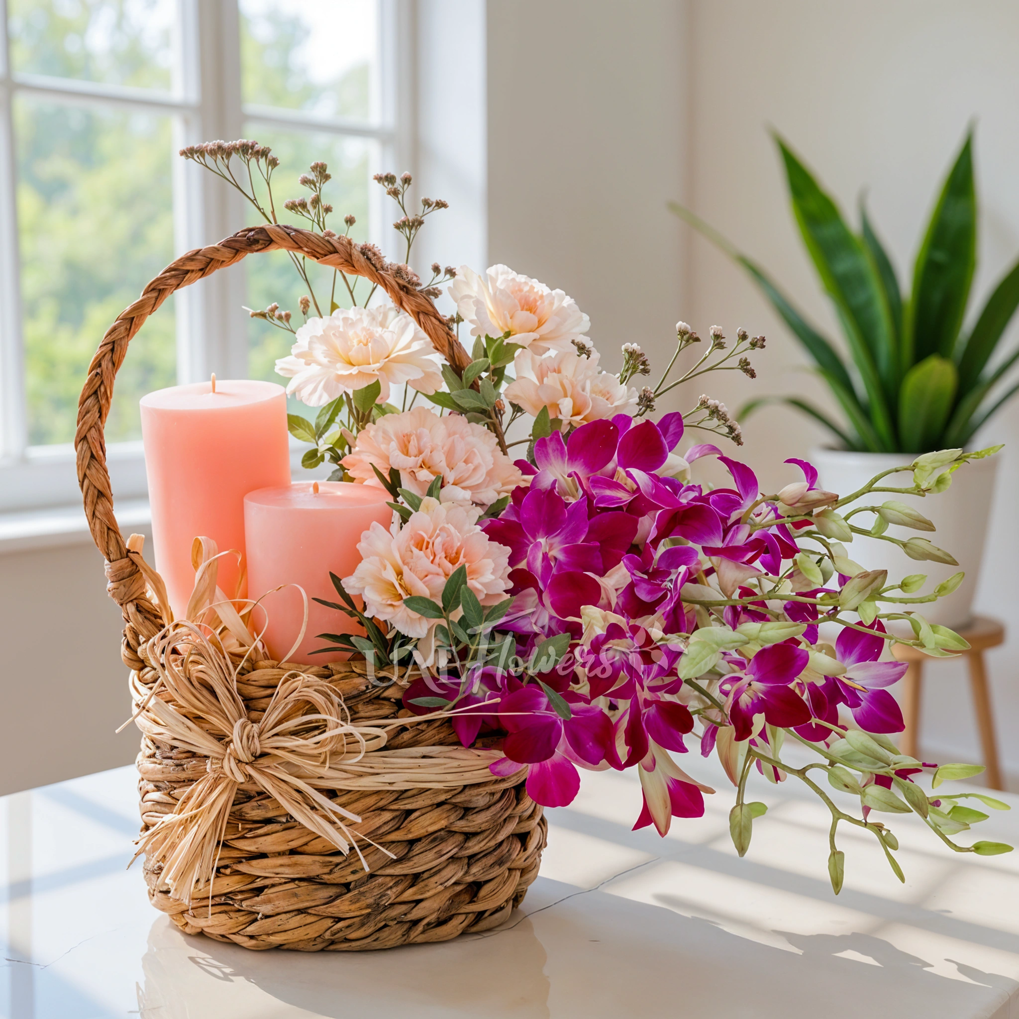 10 purple orchids, 5 pink carnations, 2 pink candles,