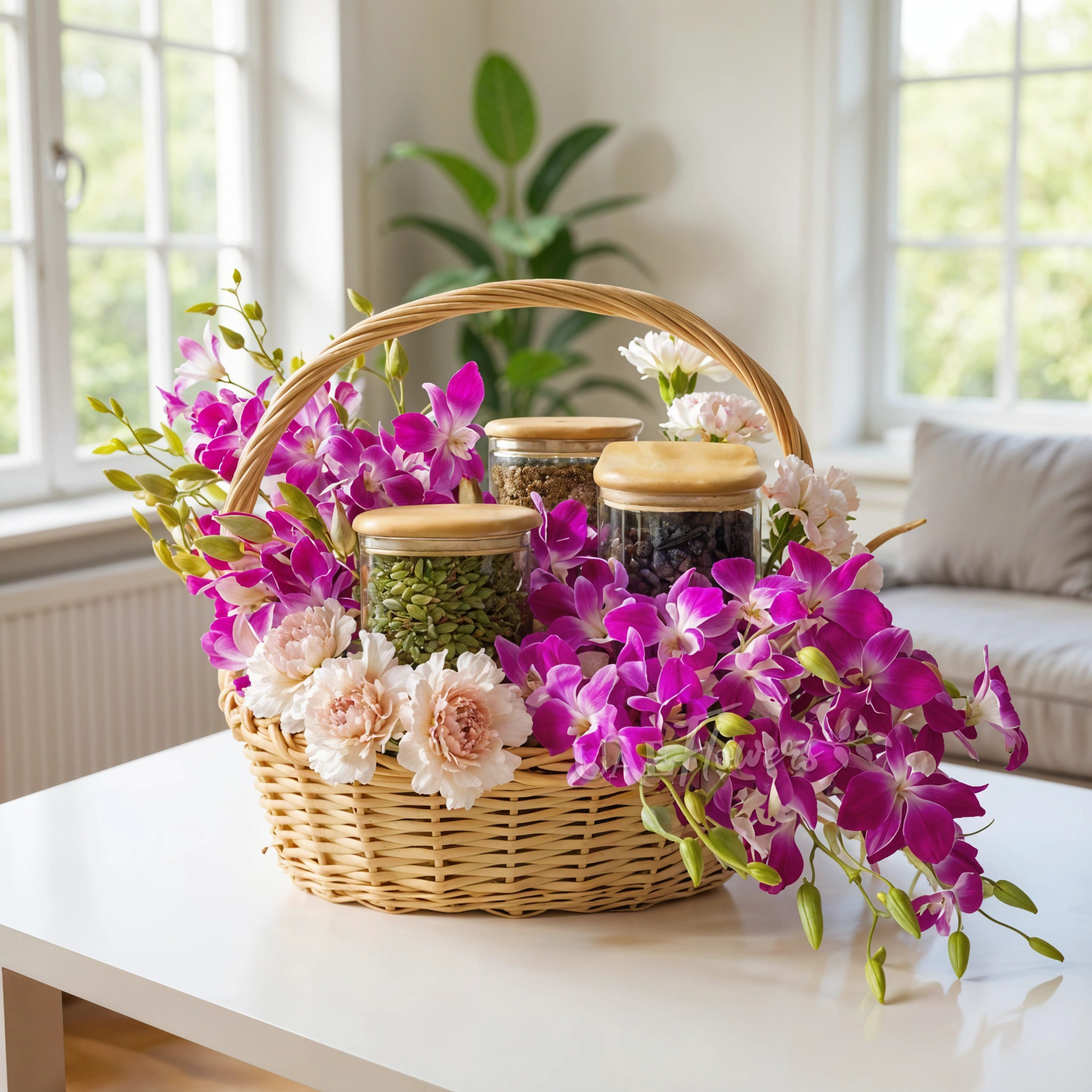 A basket arrangement of 5 purple orchids, 7 pink carnations, 250Gms of Pumpkin seed in jar, 250gms of black raisins in jar, 250gms of flax seed in jar.