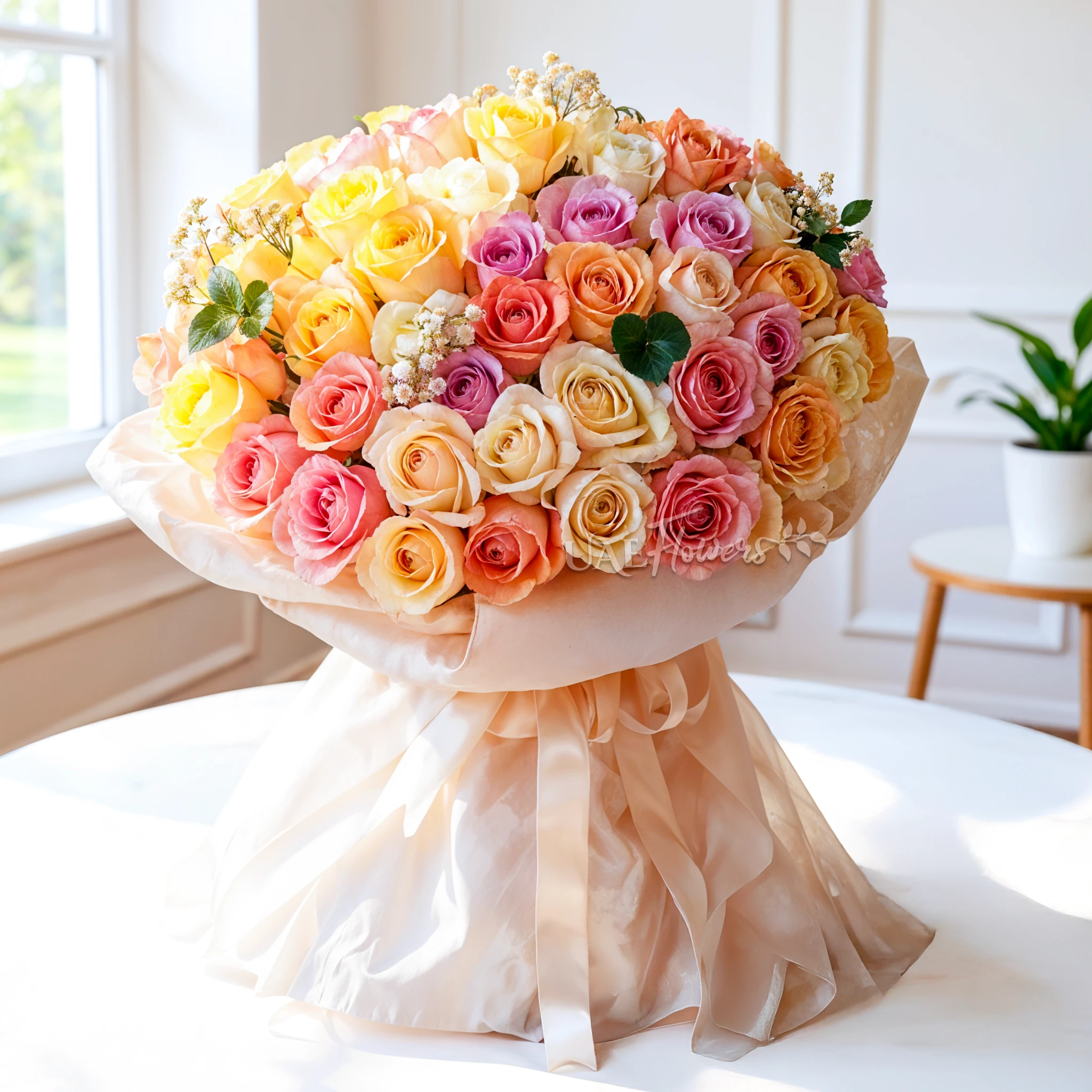 50 pastel roses in pink, peach, and yellow shades with green fillers,