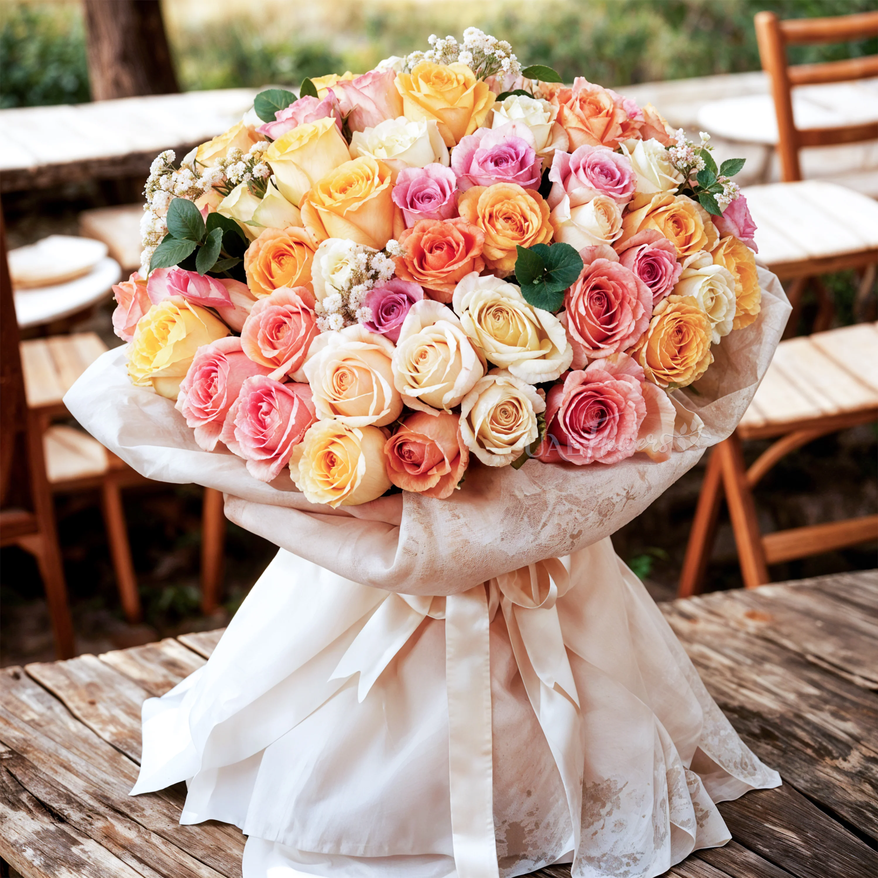 50 pastel roses in pink, peach, and yellow shades with green fillers,