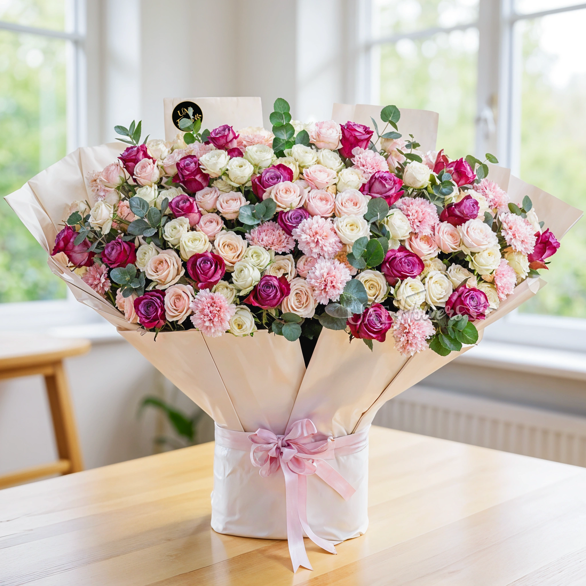 30 pink and white spray roses, 10 pink carnations, and 20 purple roses
