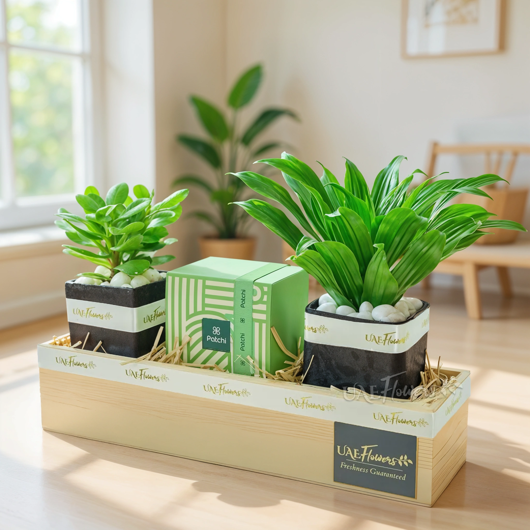 A wooden tray arrangement of Jade plant in pot, Dracaena plant in pot and 250Gms of Patchi Chocolate with fillers.