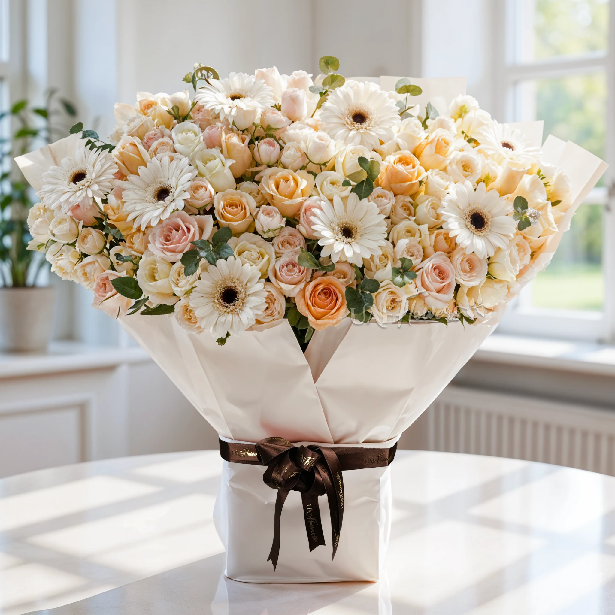 20 white spray roses, 20 white roses, 10 peach roses, 8 white gerberas,