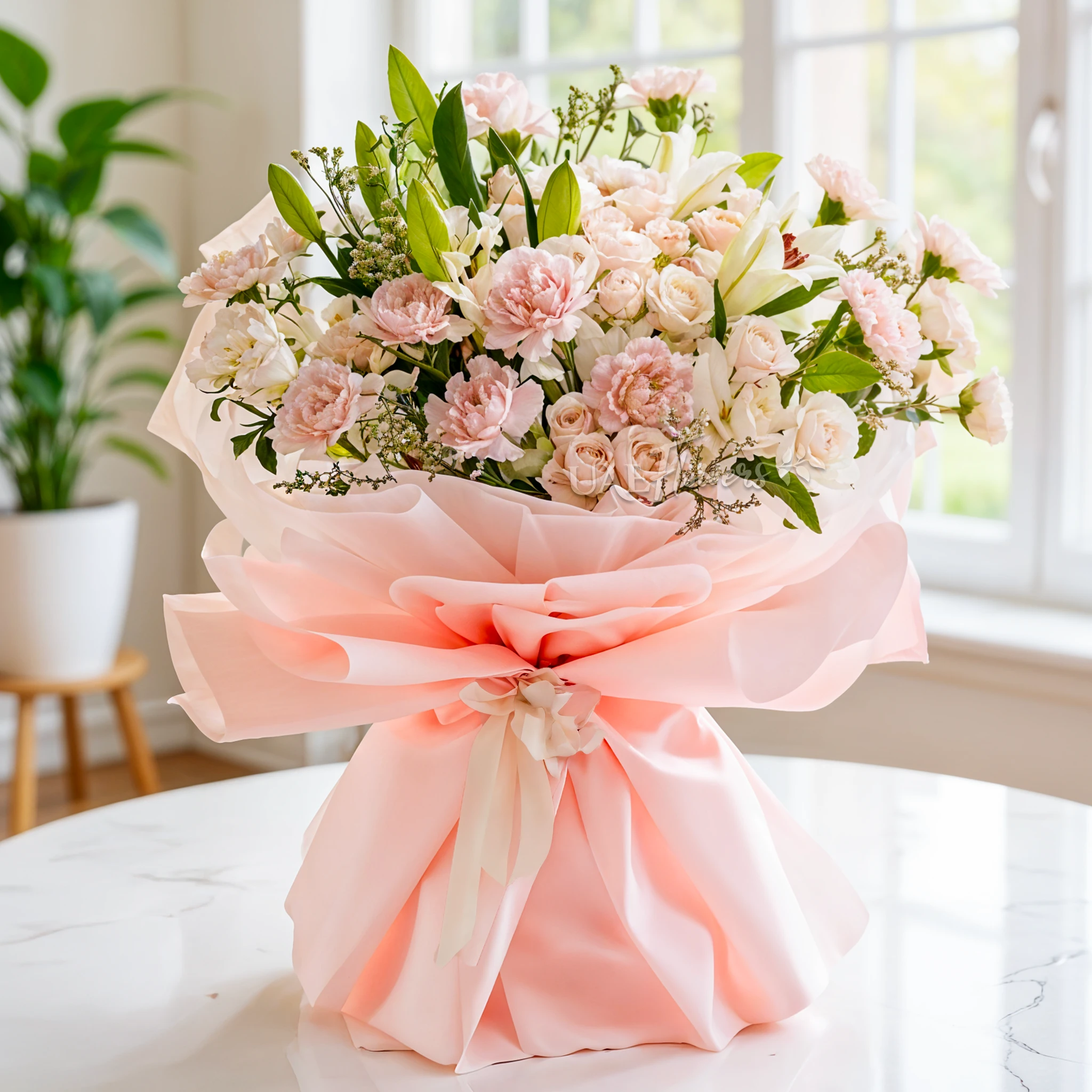 5 white lilies, 10 pink carnations, and 10 pink spray roses with green fillers,
