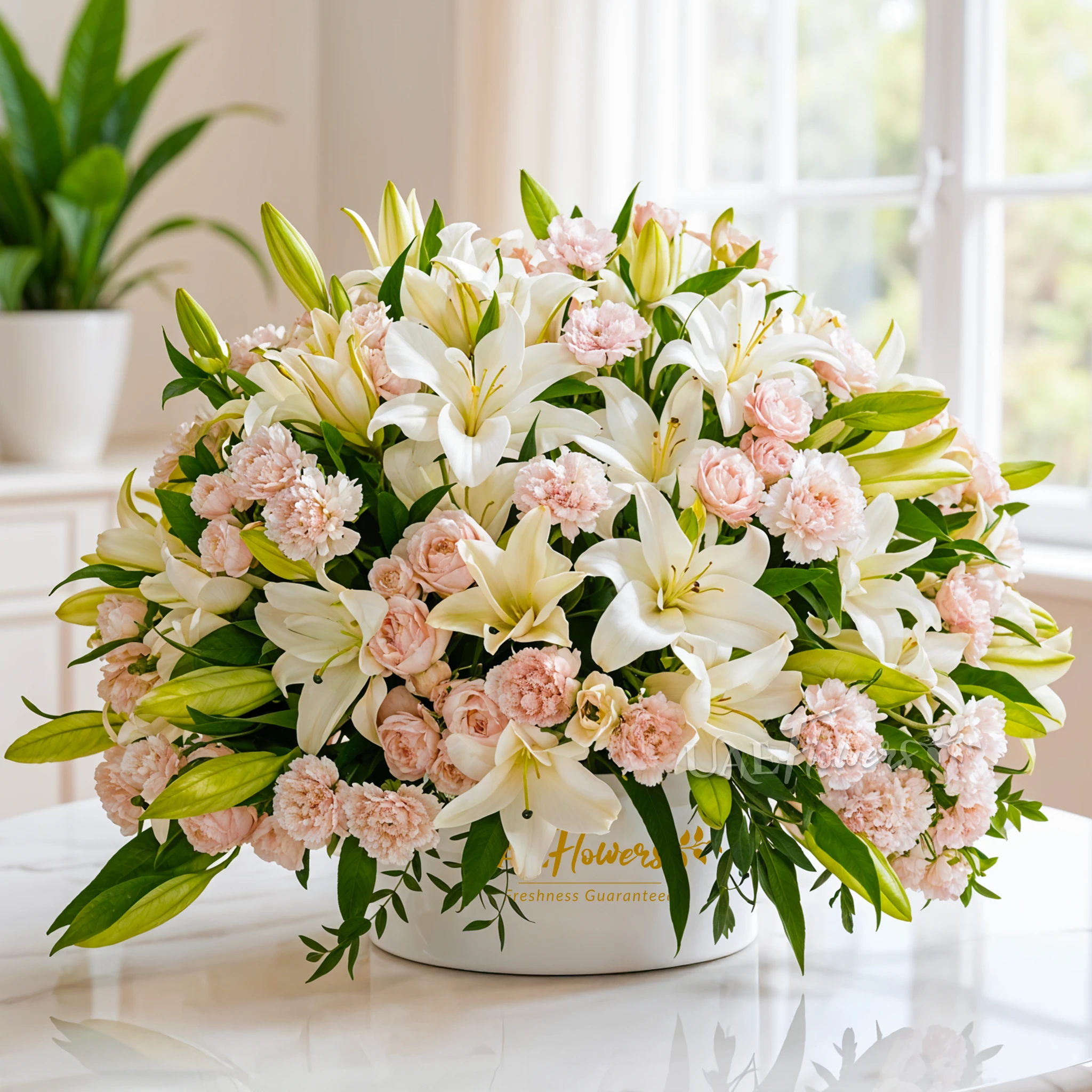 15 white lilies, 20 light pink carnations, and 10 pink spray roses